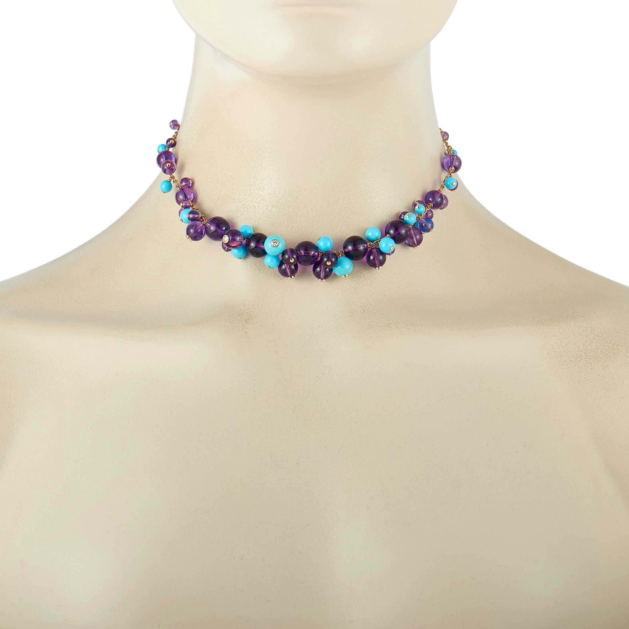The Cartier “Delices” necklace is made of 18K yellow gold and weighs 34 grams, measuring 15” in length. It is embellished with turquoises, amethysts, and a total of 0.70 carats of diamonds that boast E color and VS1 clarity.

This jewelry piece is
