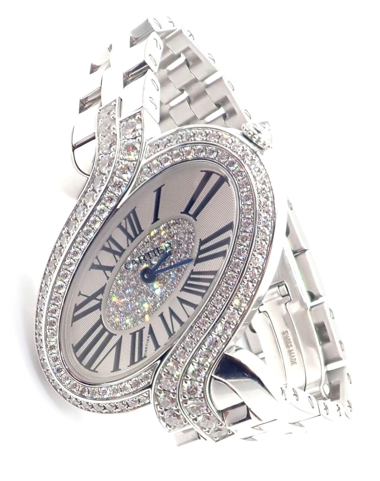 18k White Gold Diamond Delices de Cartier Wristwatch by Cartier 3380.
Works great, fully functional, absolutely mint, like new condition.
Includes Cartier Watch Box.
Original Retail Price: $72,000
With Round Brilliant Cut Diamonds VVS1 clarity, E
