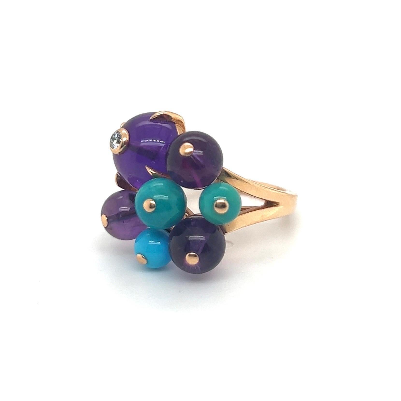 Adorable 18 karat yellow gold, turquoise, amethyst and diamond 