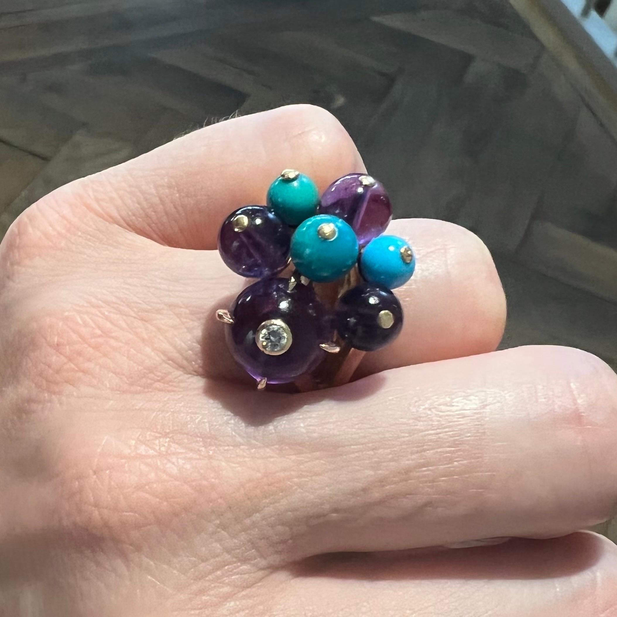 Cartier Délices De Goa 18 Karat Yellow Gold Turquoise Amethyst and Diamond Ring In Good Condition In Zurich, CH