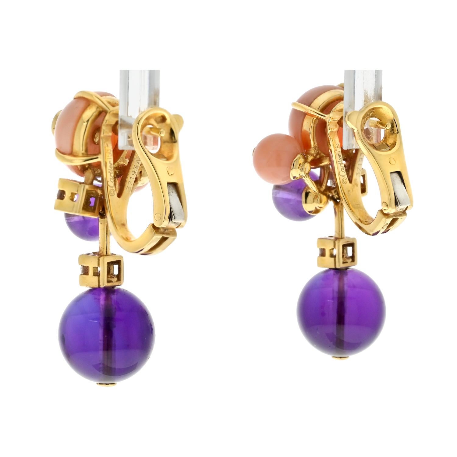 Modern Cartier Delices De Goa 18K Yellow Gold Diamond, Coral And Amethyst Earrings For Sale