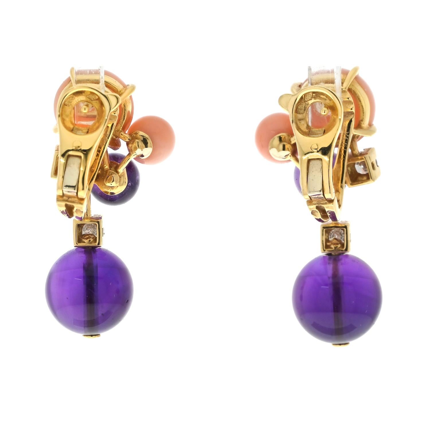 Round Cut Cartier Delices De Goa 18K Yellow Gold Diamond, Coral And Amethyst Earrings For Sale