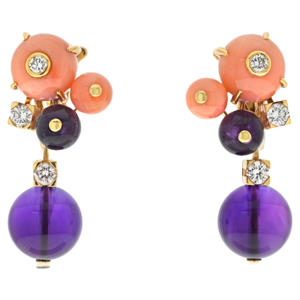 Cartier Delices De Goa 18K Yellow Gold Diamond, Coral And Amethyst Earrings For Sale