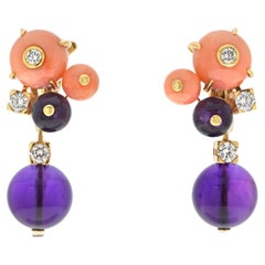 Cartier Delices De Goa 18K Yellow Gold Diamond, Coral And Amethyst Earrings