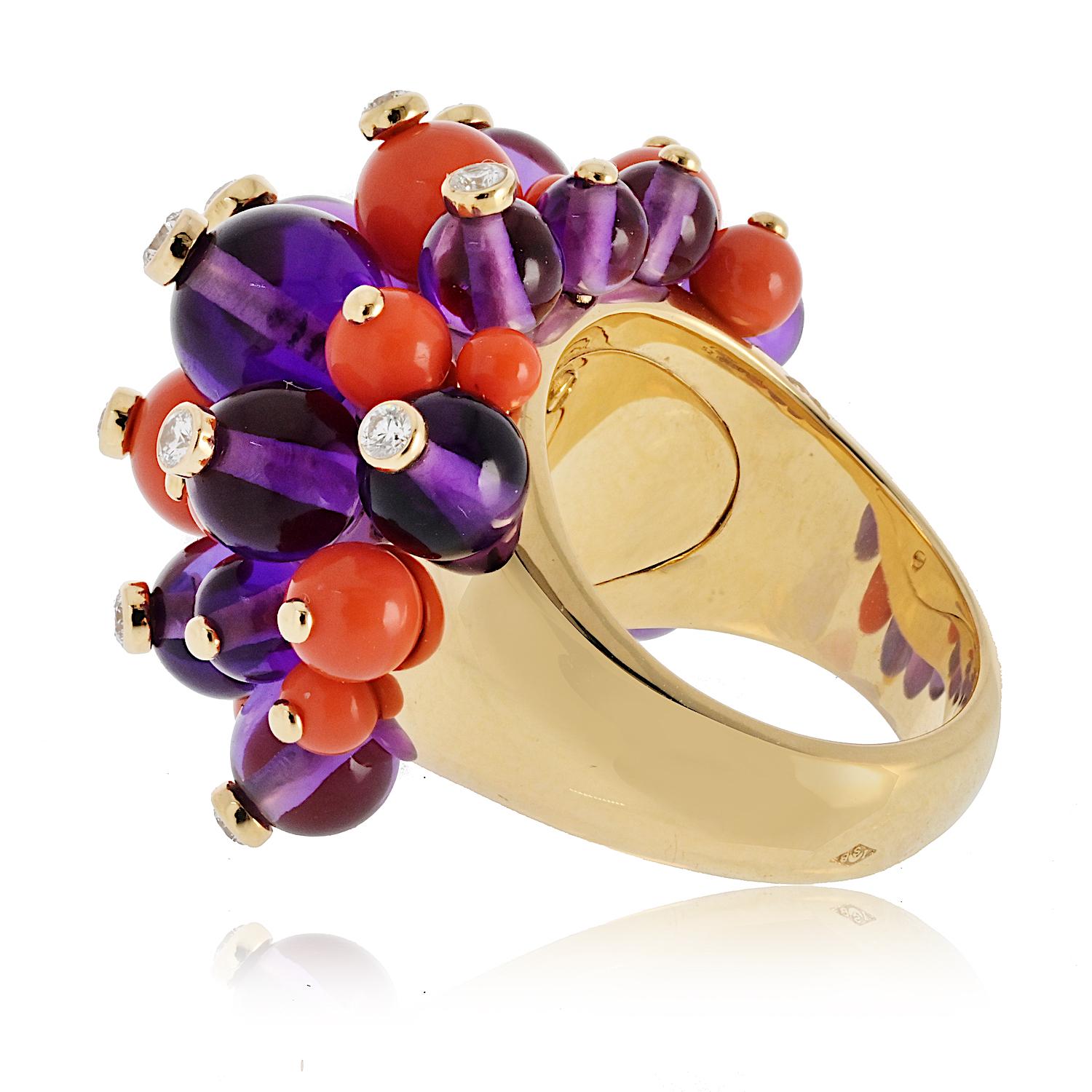 Taille ronde Bague Cartier Delices de Goa en améthyste, corail et diamant EU 52 en vente