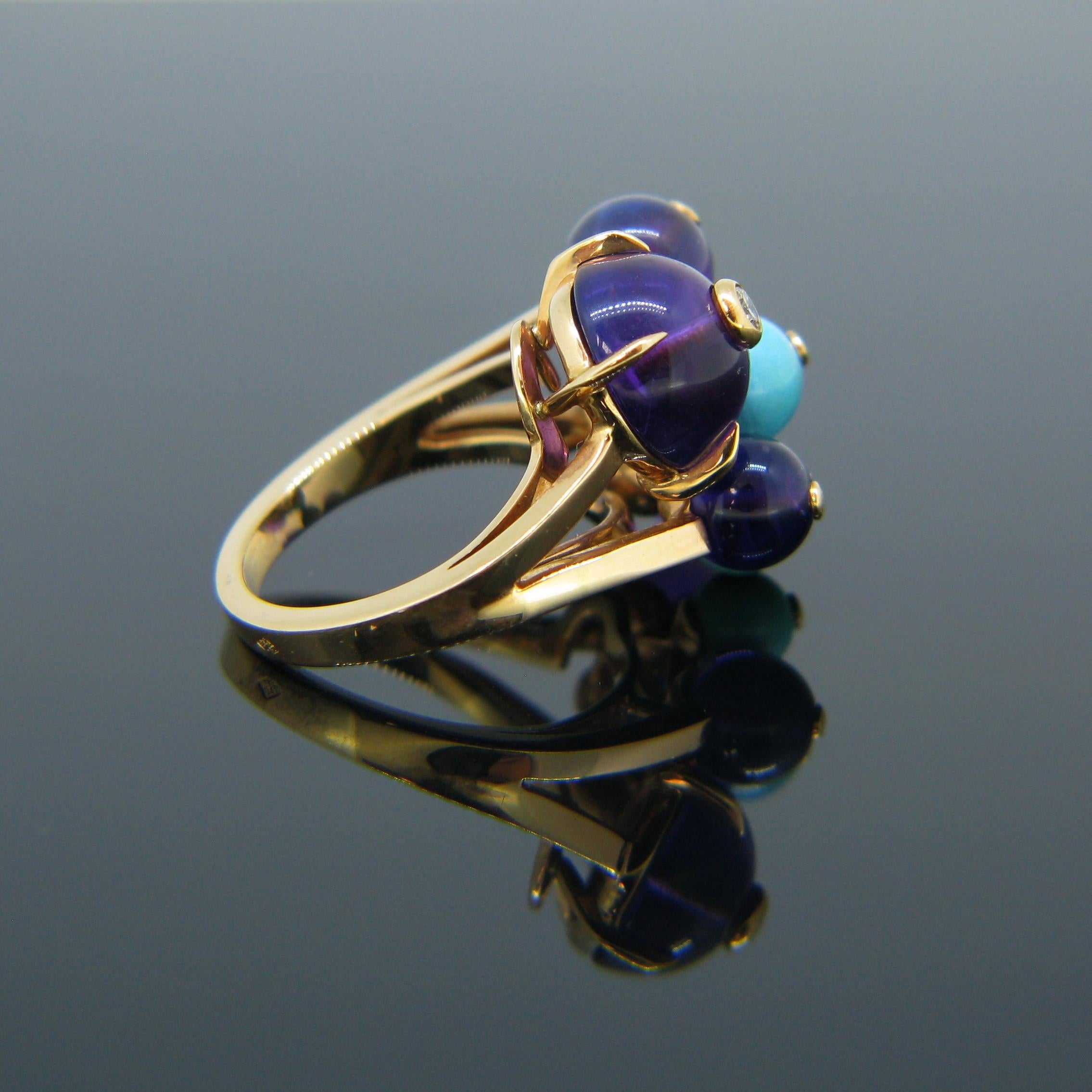 Round Cut Cartier Delices de Goa Amethyst Turquoise Diamond Rose Gold Cocktail Ring