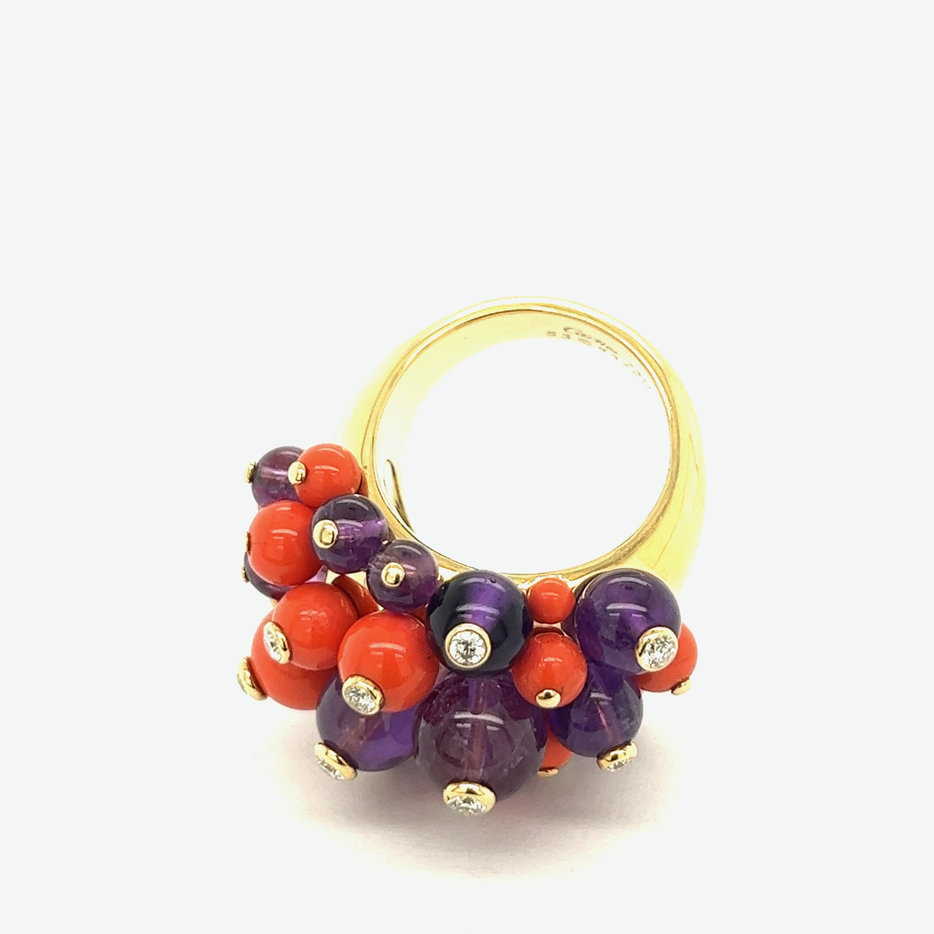 Cartier Delices de Goa Coral Amethyst Diamond 18k Yellow Gold Ring 7