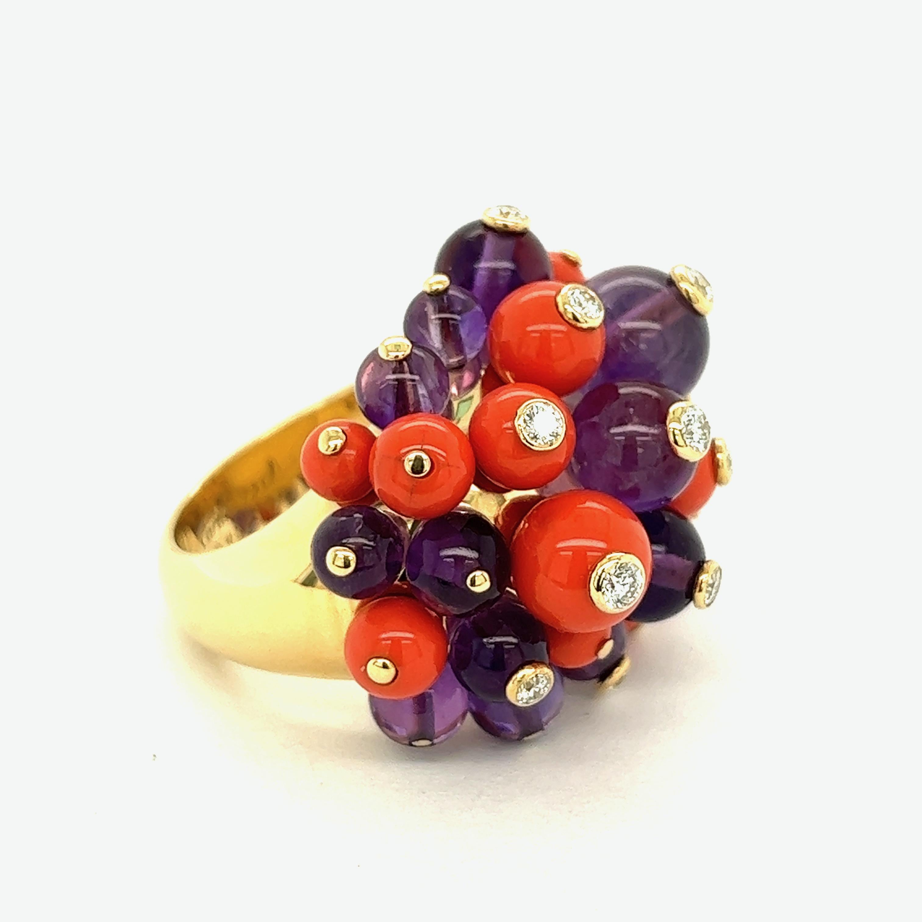 Round Cut Cartier Delices de Goa Coral Amethyst Diamond 18k Yellow Gold Ring For Sale