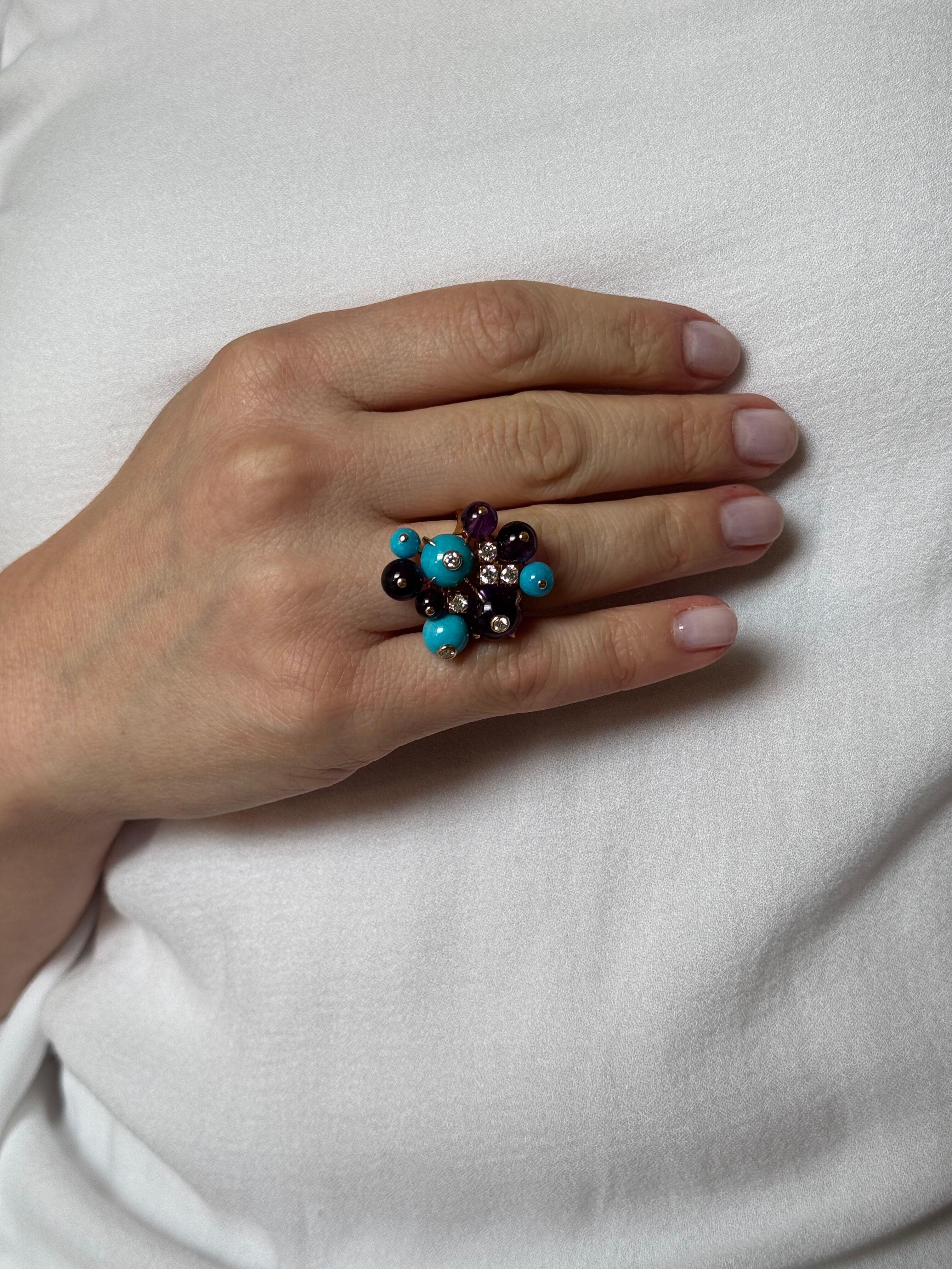 18k rose gold cocktail ring by Cartier from Delices De Goa collection, set with turquoise, amethyst and approx. 0.50ctw G/VS diamonds.
Ring size 6, top of the ring measures 30mm x 27mm.
Marked with French mark , 52, Cartier, 750, 41217A.
Weight -