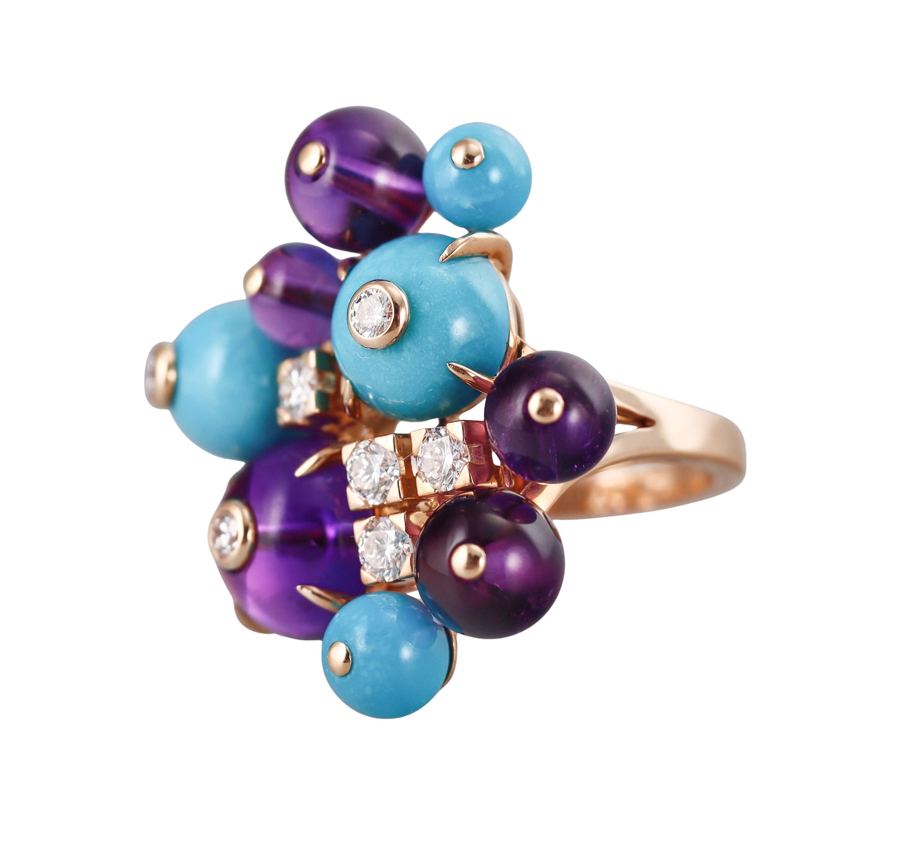 Round Cut Cartier Delices De Goa Diamond Amethyst Turquoise Gold Cocktail Ring