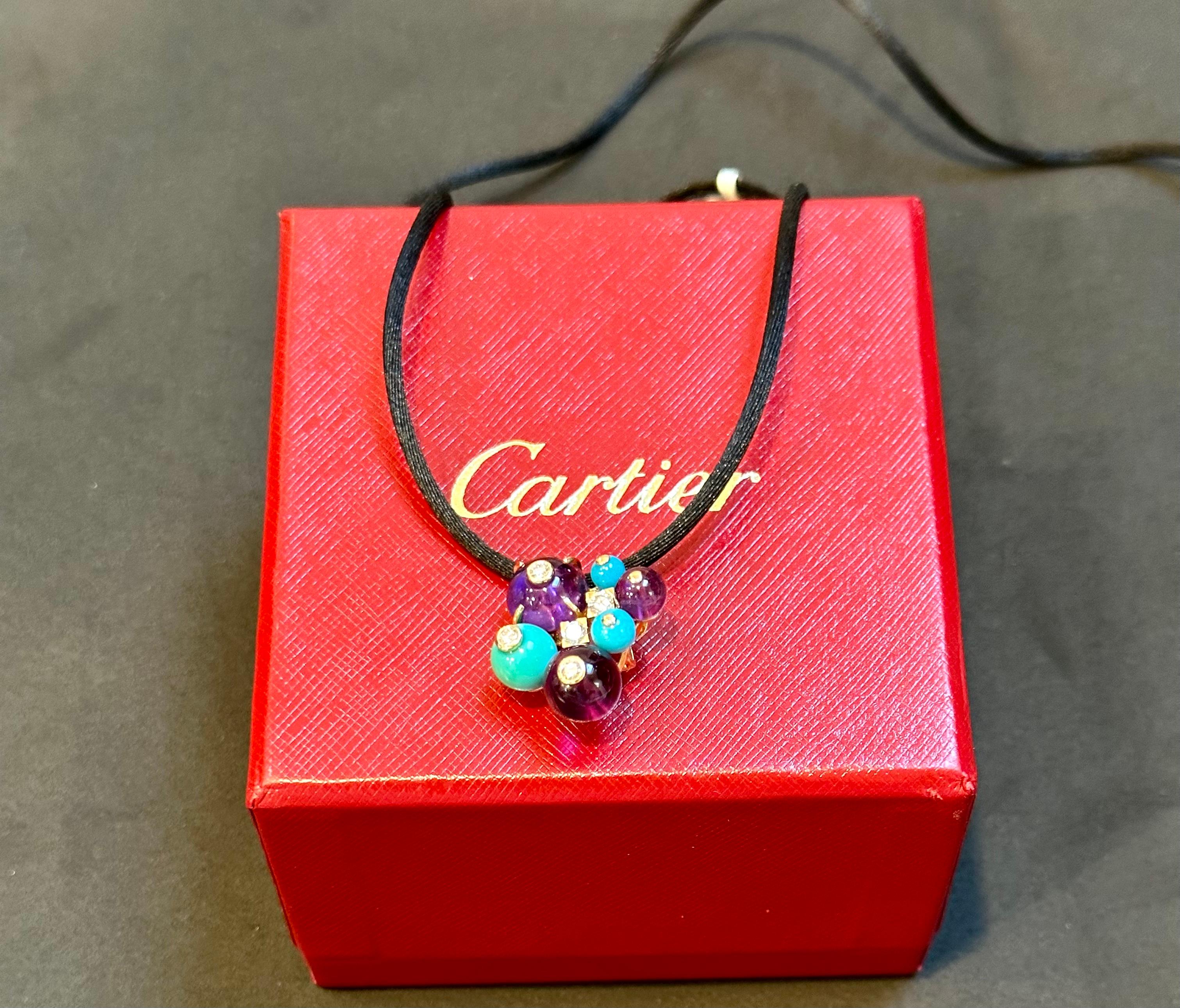 Cartier Delices De Goa Turquoise Amethyst Diamond Pendant Necklace 18k Y Gold For Sale 3