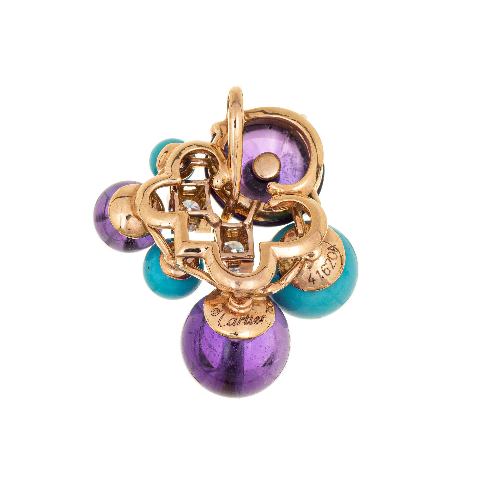 Stylish pre-owned Cartier 'Les Delices De Goa' turquoise & amethyst pendant crafted in 18k yellow gold.  

The pendant is set with amethyst and turquoise in various sizes ranging from 5mm to 10mm. Five diamonds total an estimated 0.45 carats