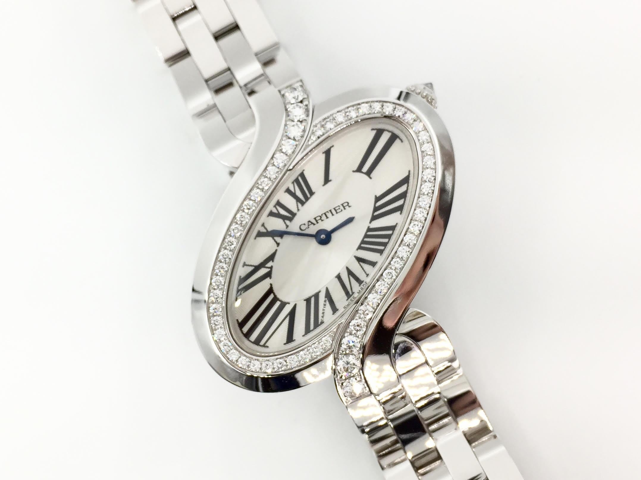 New with original tag still attached, boxes and all paperwork. Cartier Delices large quartz watch WG800007 in solid 18 karat white gold with beautiful diamond bezel. Size:43.81 x 38.39 mm
Original retail: $49,800
* Watch may have very minimal and