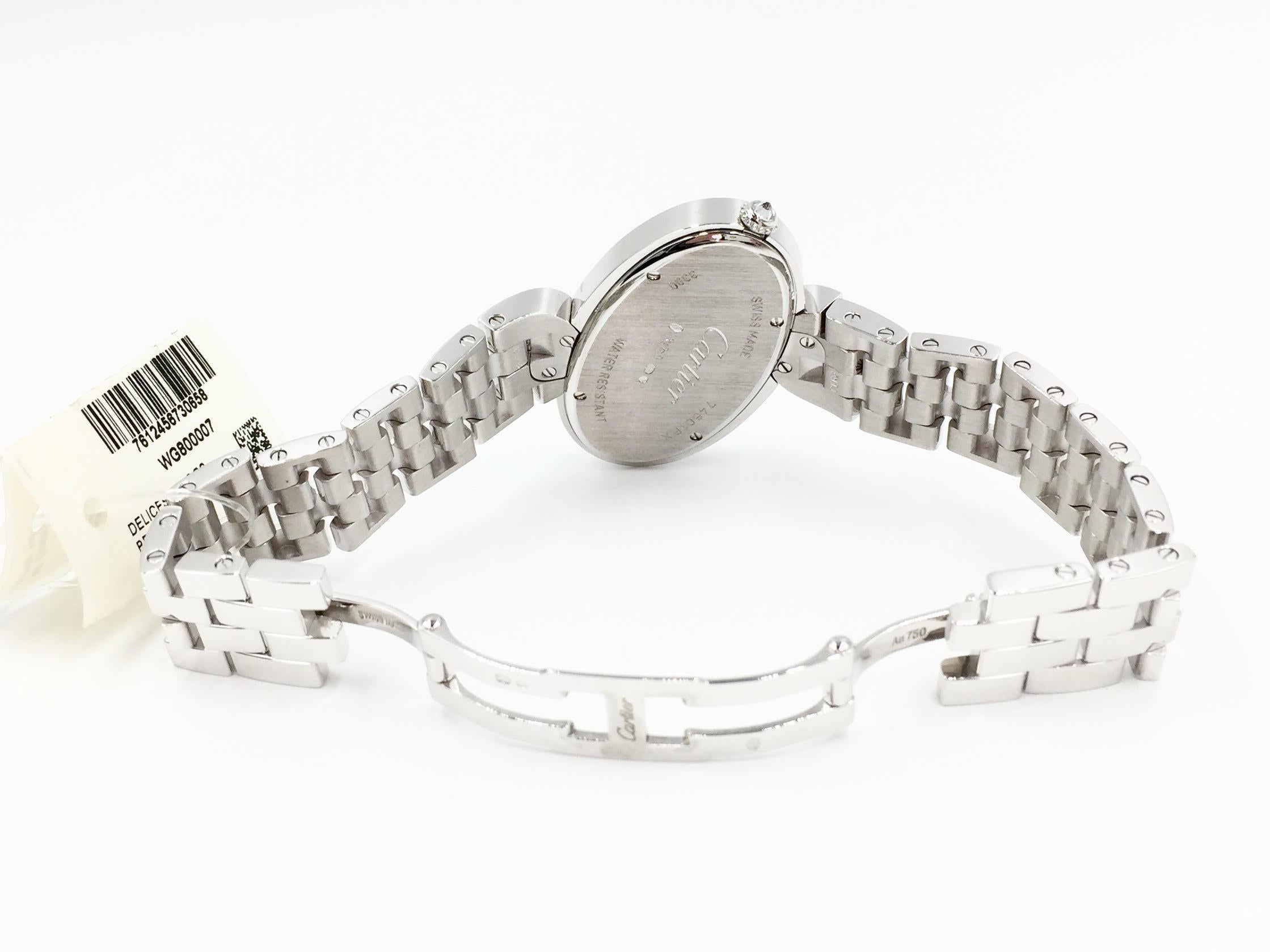 Round Cut Cartier Delices Large Watch 18 Karat White Gold WG800007 For Sale