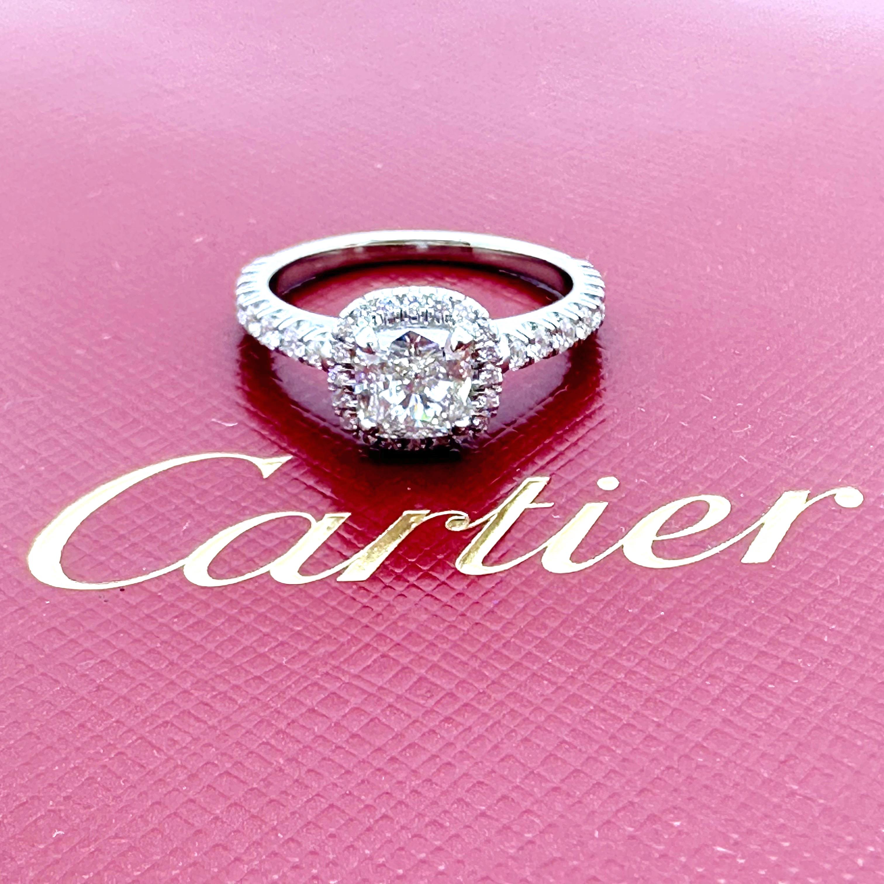 Cartier Destinee Kissenschliff 1,15 Karat H VS1 Halo Verlobungsring aus Platin im Angebot 7