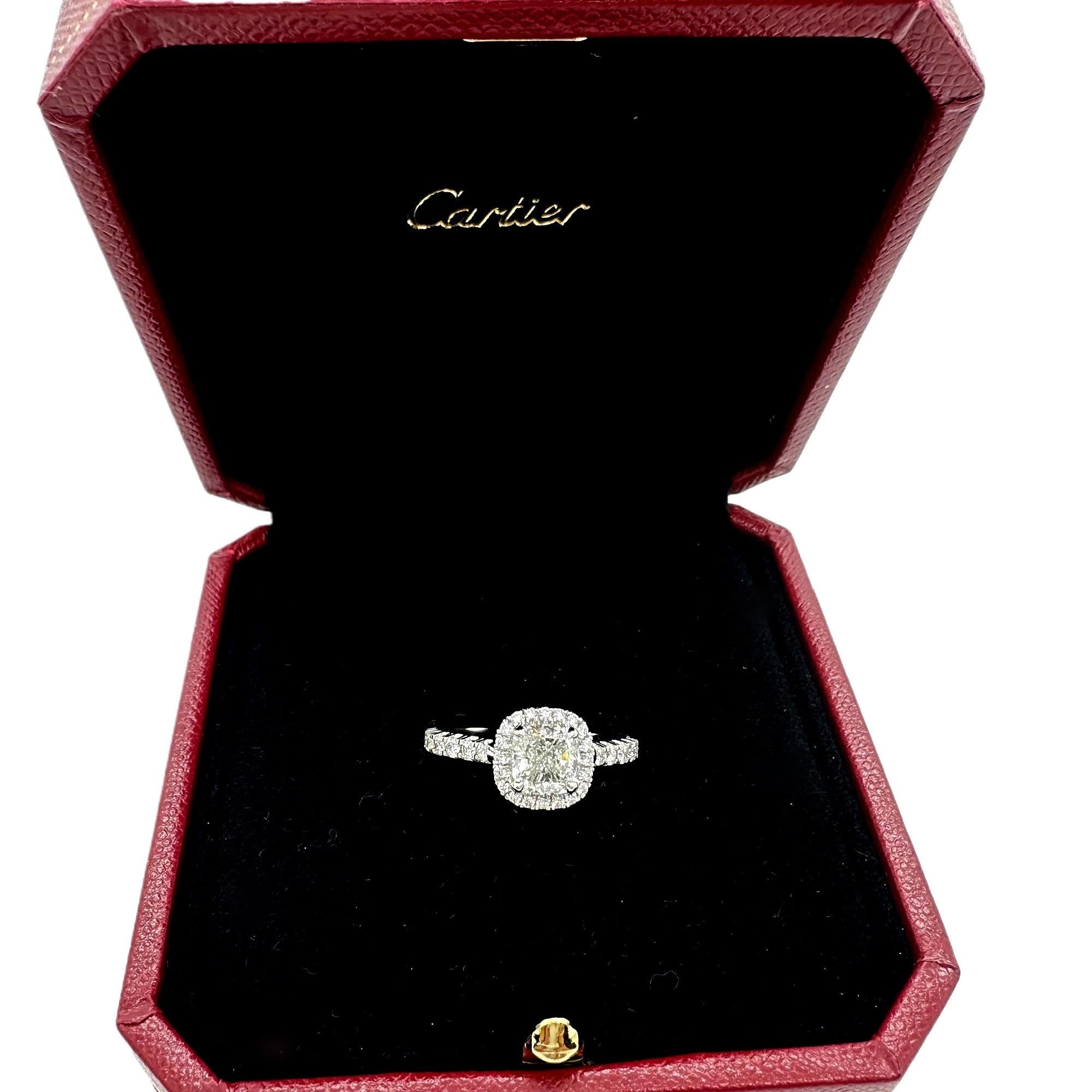 Cartier Destinee Kissenschliff 1,15 Karat H VS1 Halo Verlobungsring aus Platin im Zustand „Hervorragend“ im Angebot in San Diego, CA