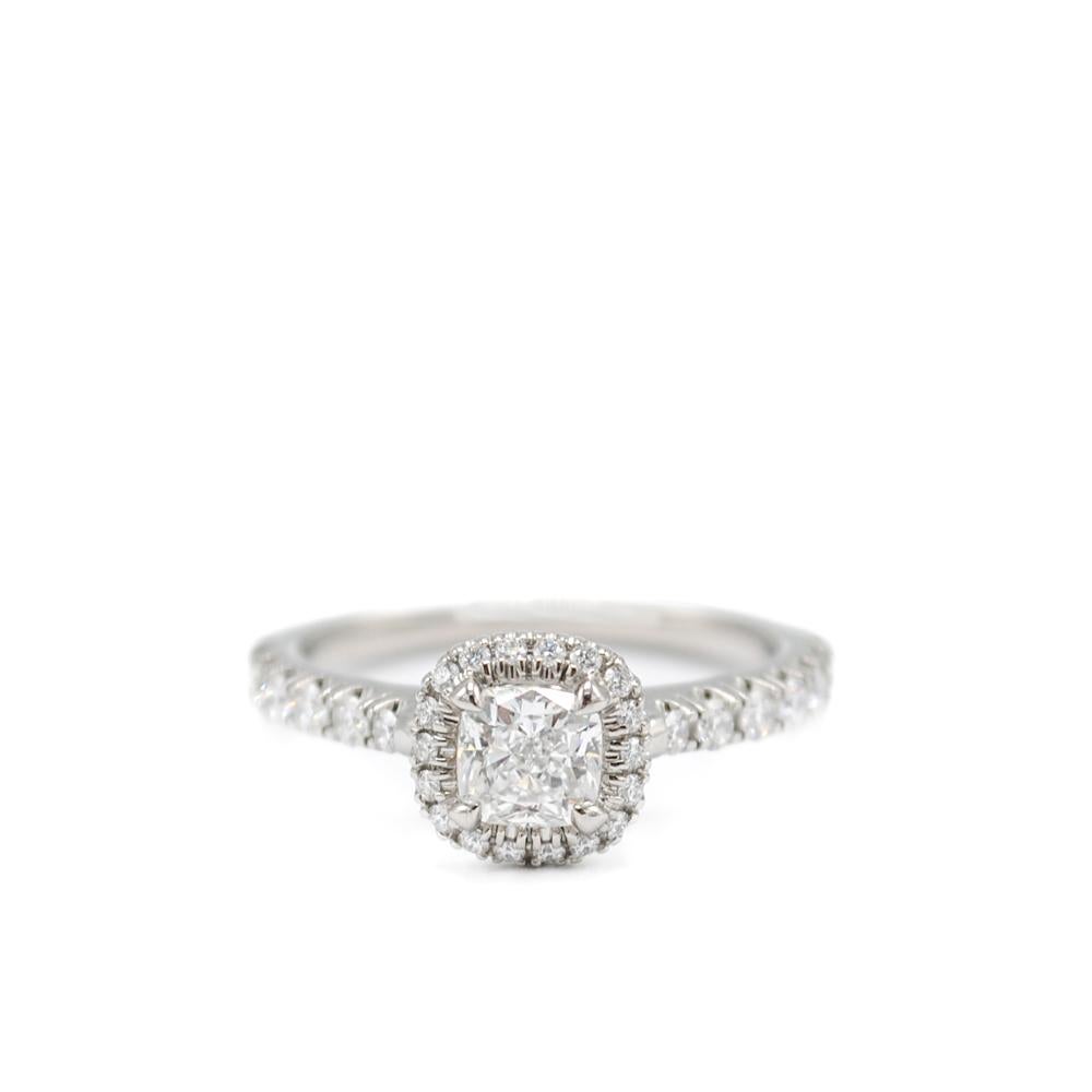 Cartier Destinée Solitaire, platinum 950, set with a cushion-cut diamond, VS1 clarity, F color, 0.5ct and paved with brilliant-cut diamonds VVS2-VS1 clarity, E-F color, 0.35ct
Very good condition (worn few times)
GIA Report no. 2173849245 