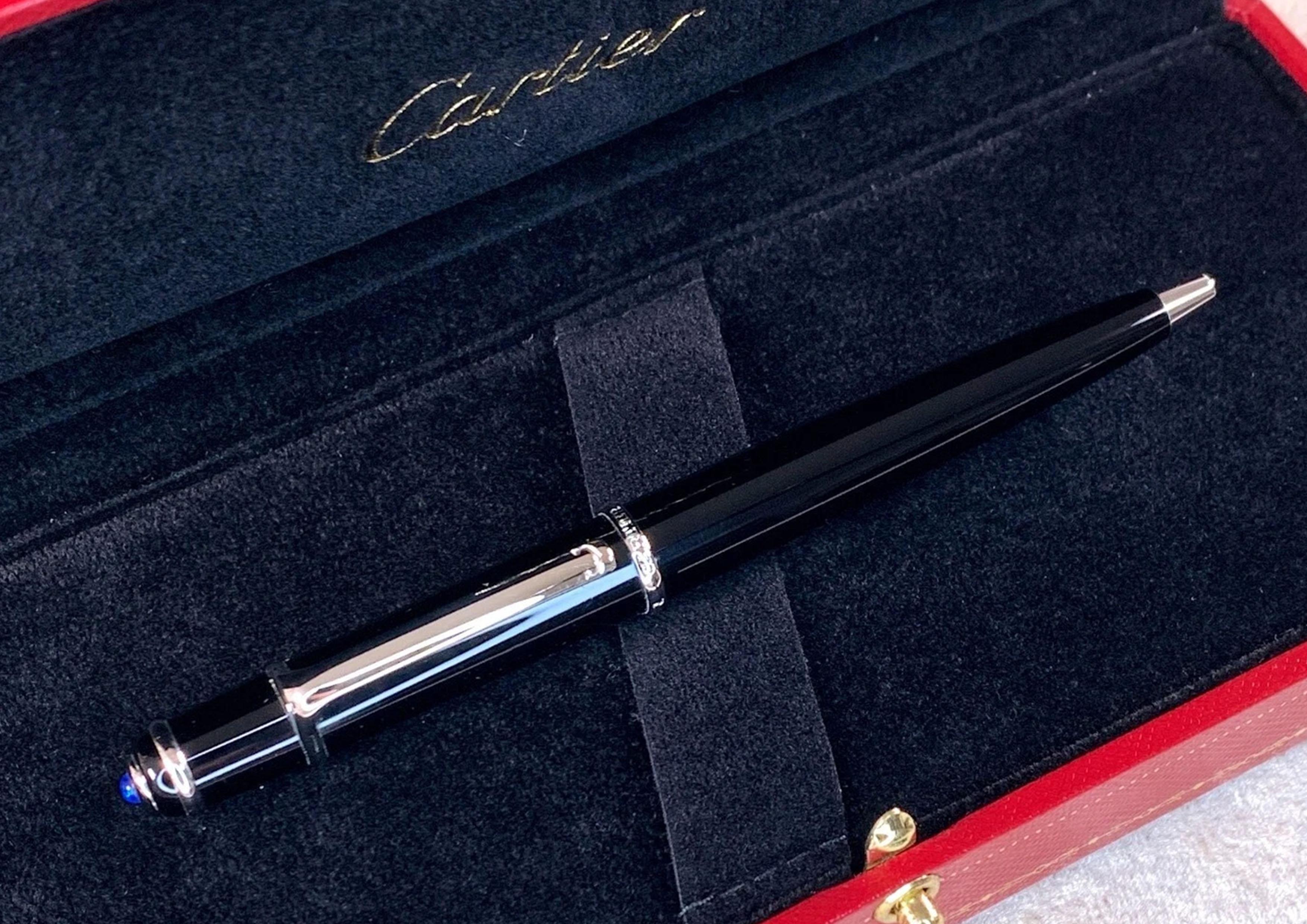 Art Déco Cartier Diabolo Black Resin Palladium Finish Rollerball Pen With Case & Papers in vendita