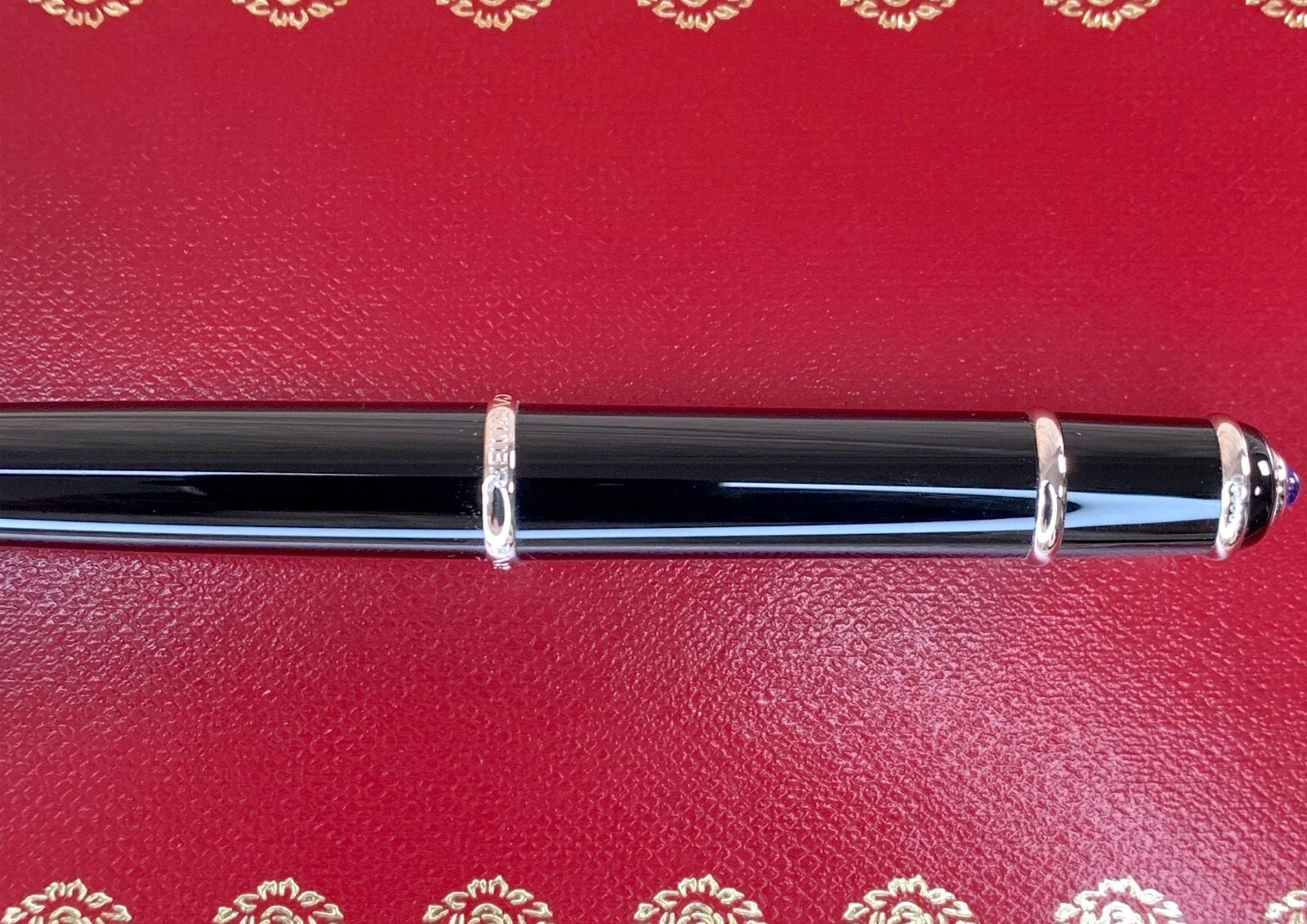 Francese Cartier Diabolo Black Resin Palladium Finish Rollerball Pen With Case & Papers in vendita