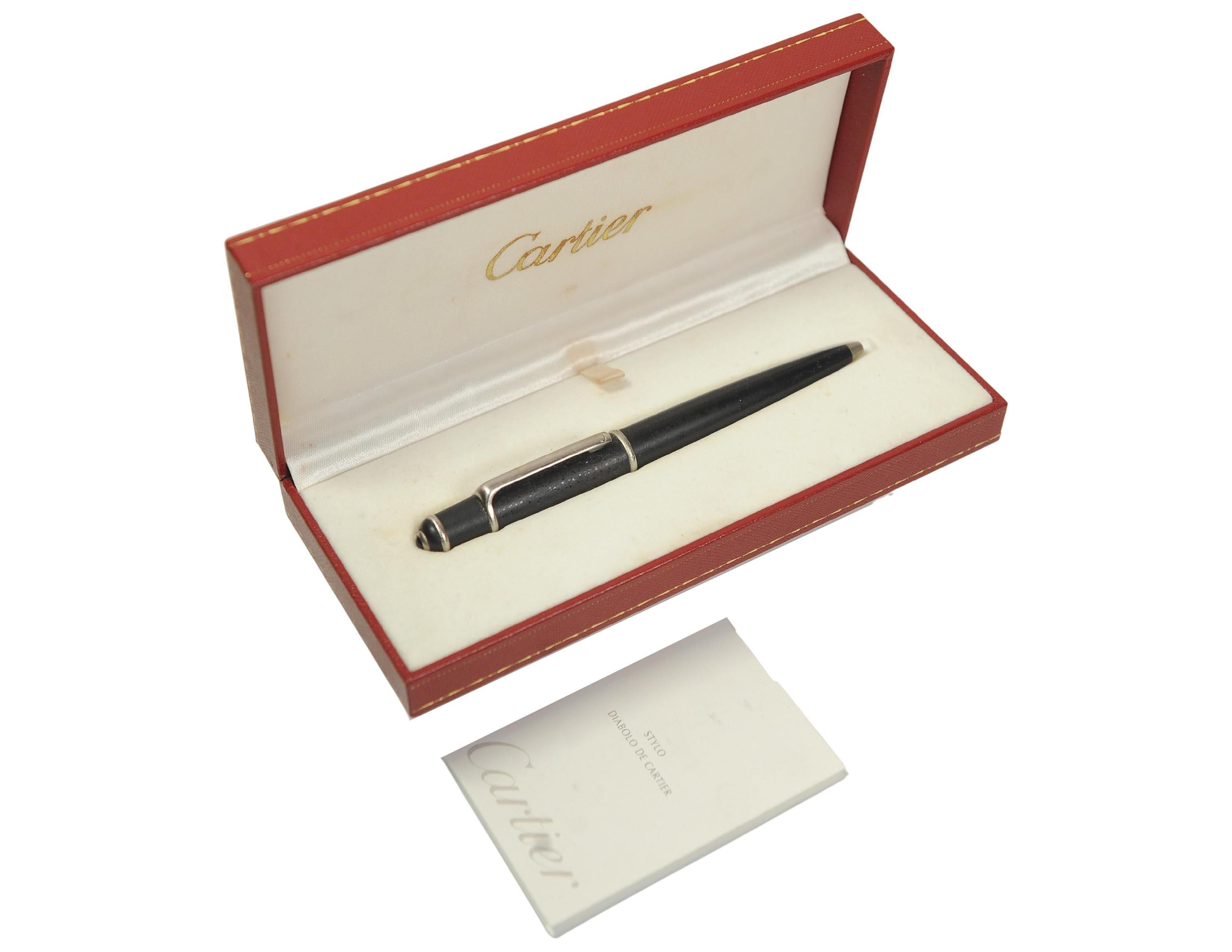 Cartier Diabolo Black Resin Palladium Finish Rollerball Pen With Case & Papers (Französisch) im Angebot