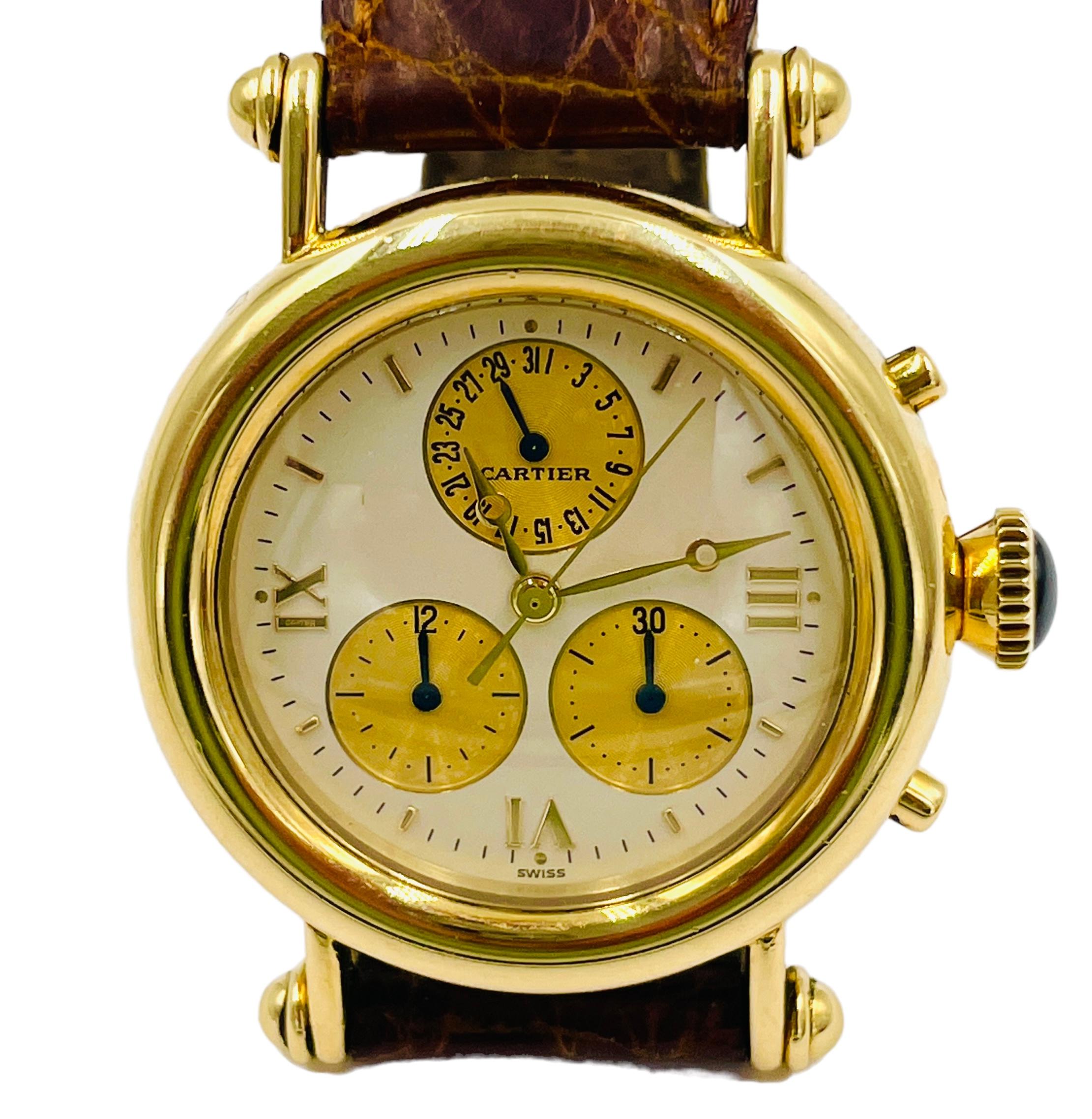 Cartier Diabolo Chronograph Yellow Gold Wristwatch.

ABOUT THIS ITEM: Cartier diabolo chronograph 18k yellow gold wristwatch with leather strap and original Cartier 18k yellow gold buckle.

SPECIFICATIONS: CRDJ2

METAL:  18k yellow gold case and