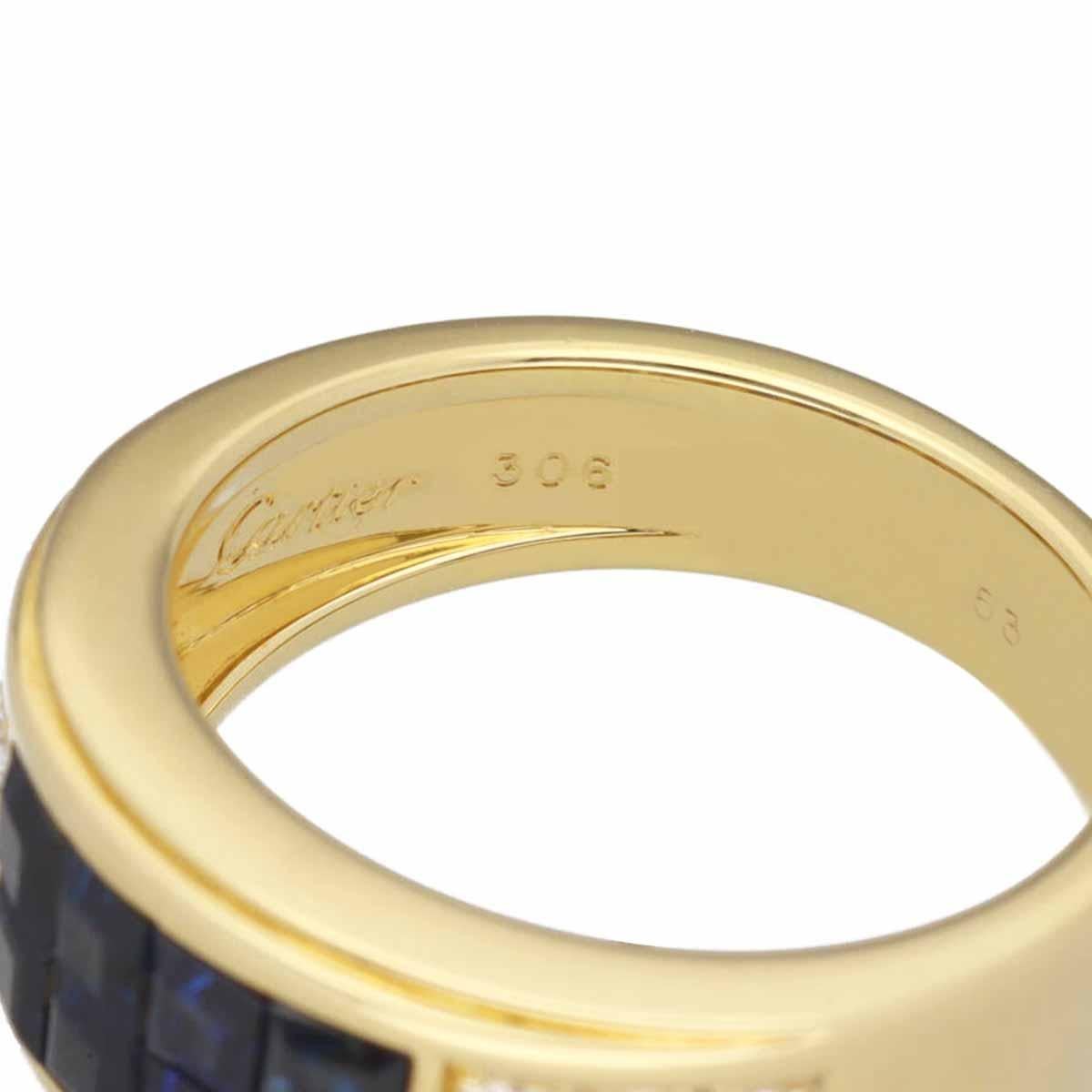 Square Cut Cartier Diabolo Invisible Set Blue Sapphire Diamond 18K Yellow Gold Ring US 6.5 For Sale