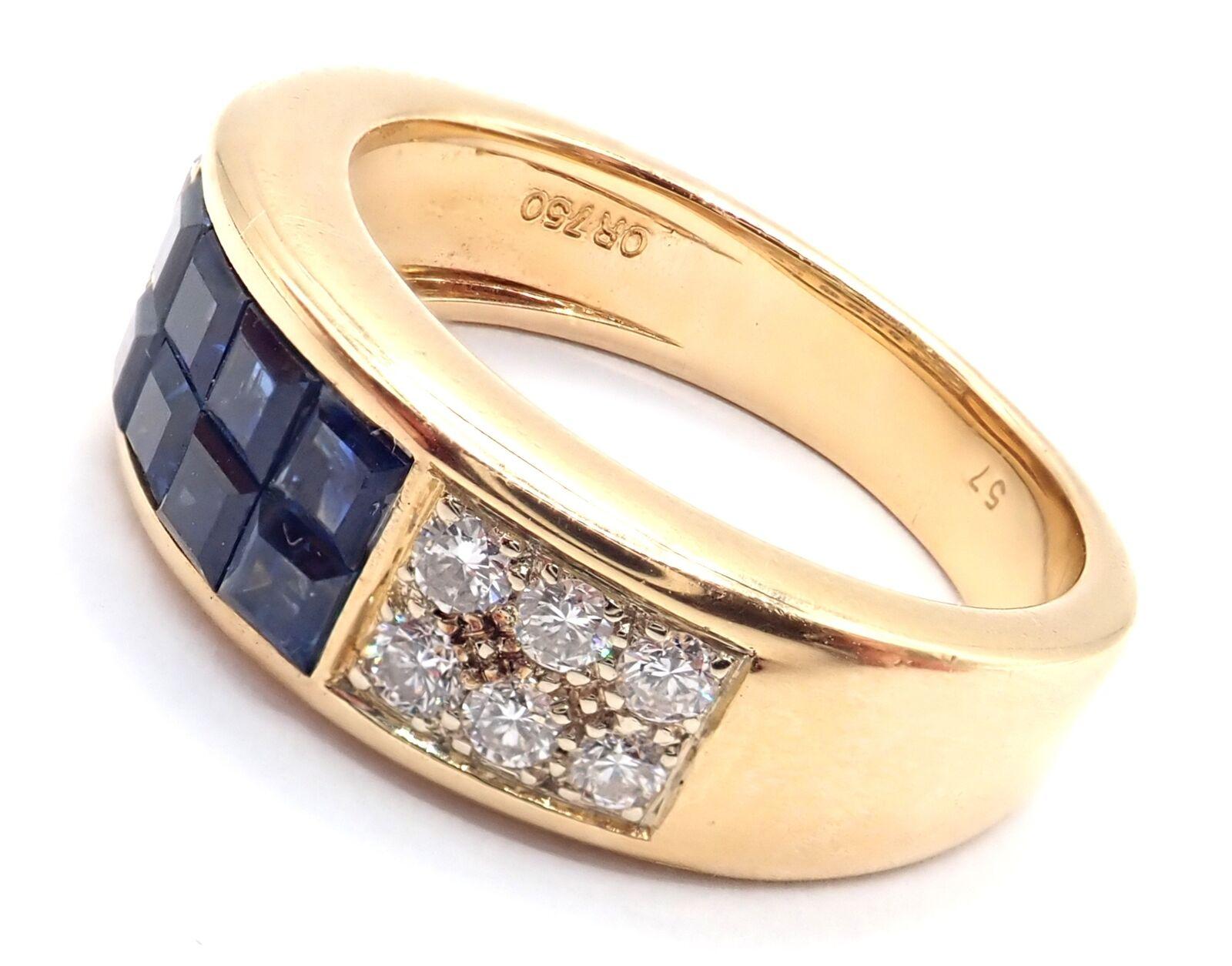18k Yellow Gold Diamond and Invisible Set Sapphire Diabolo Ring by Cartier.
With 12 round brilliant cut diamonds VS1 clarity and G color approx. .50ct total weight 
8 sapphires total weight approx. 1ct
Details:
Ring Size:  US 8, European 57
Width: