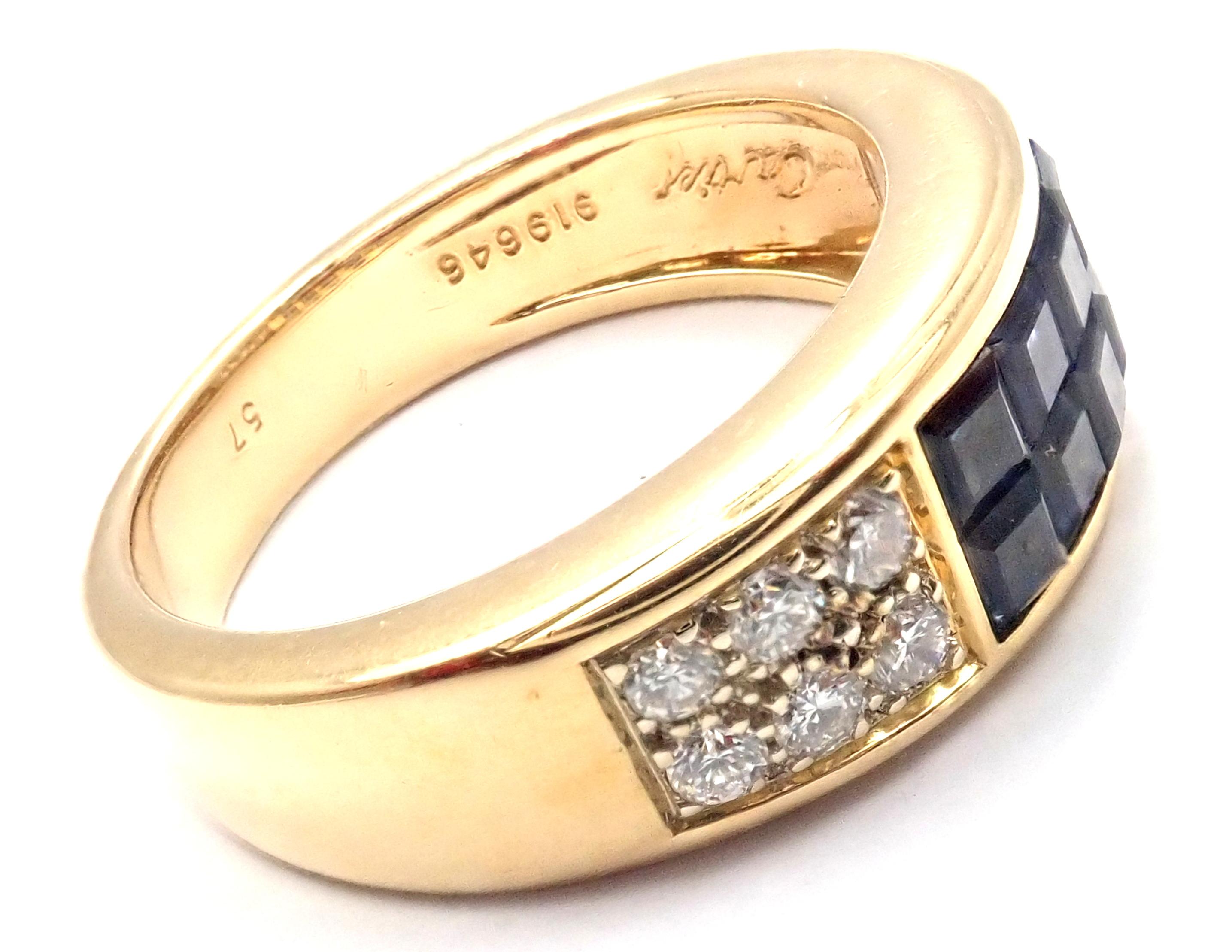 18k Yellow Gold Diamond and Invisible Set Sapphire Diabolo Ring by Cartier.
With 12 round brilliant cut diamonds VS1 clarity and G color approx. .50ct total weight 
8 sapphires total weight approx. 1ct
Details:
Ring Size:  US 8, European 57
Width:
