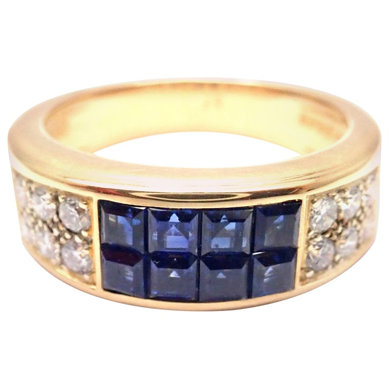 Bague Or Jaune 18 Carats Sertie Saphirs Ovales Et Diamants - Taille 52.5 - Occasion