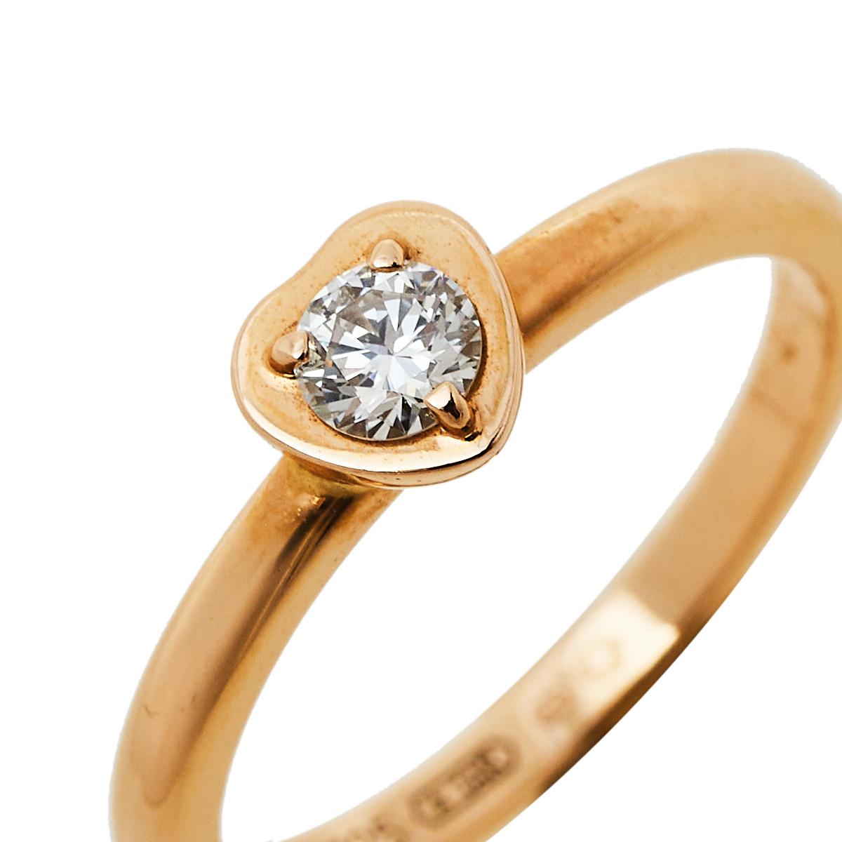 Women's Cartier Diamants Légers Heart Motif Diamond 18K Rose Gold Ring Size 50