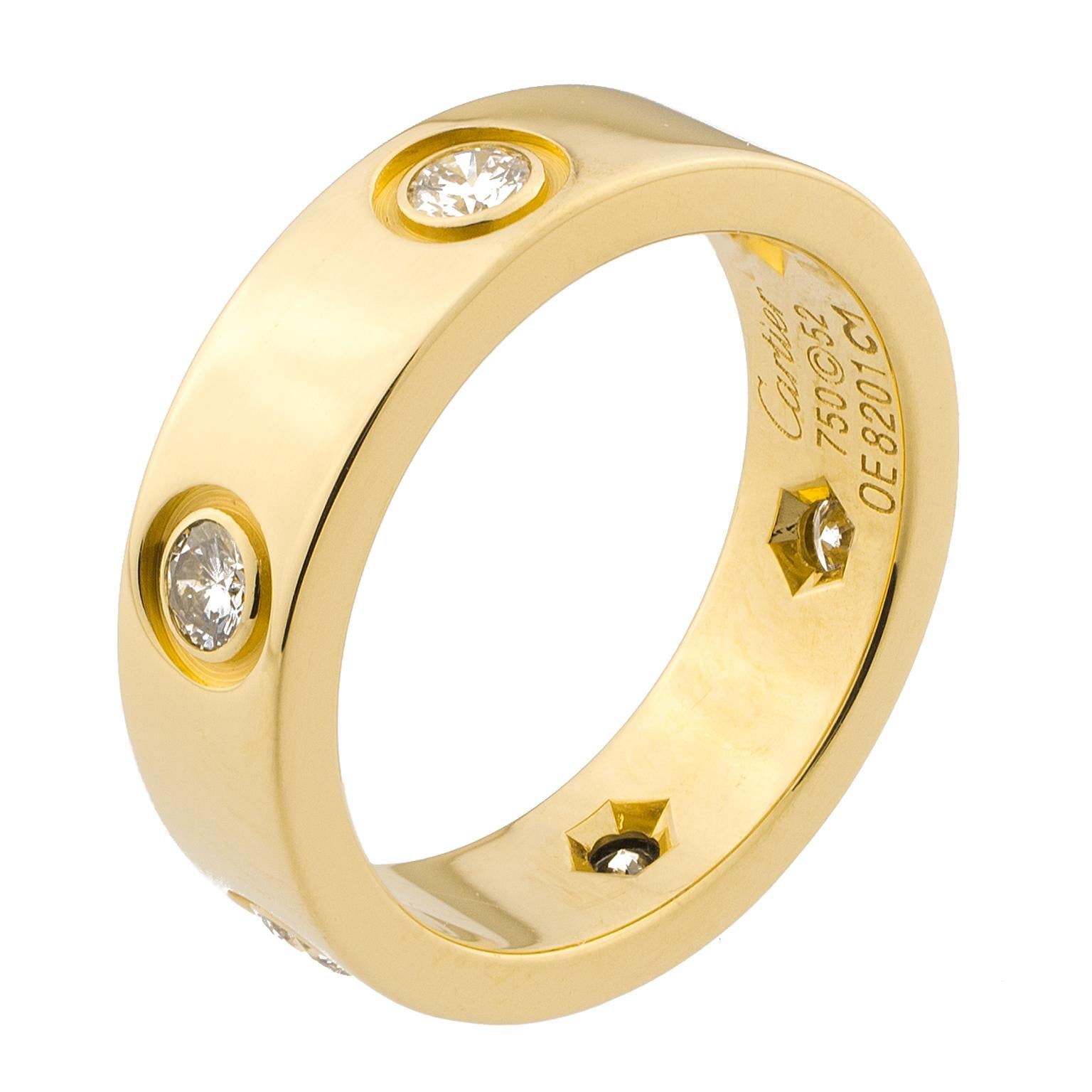 Gold Cartier ring belonging to the Love Ring collection, set with 6 round brilliant cut diamonds totalling 0.42 carats.

Size:
US 6 1/8
UK L 3/4
Swiss 12