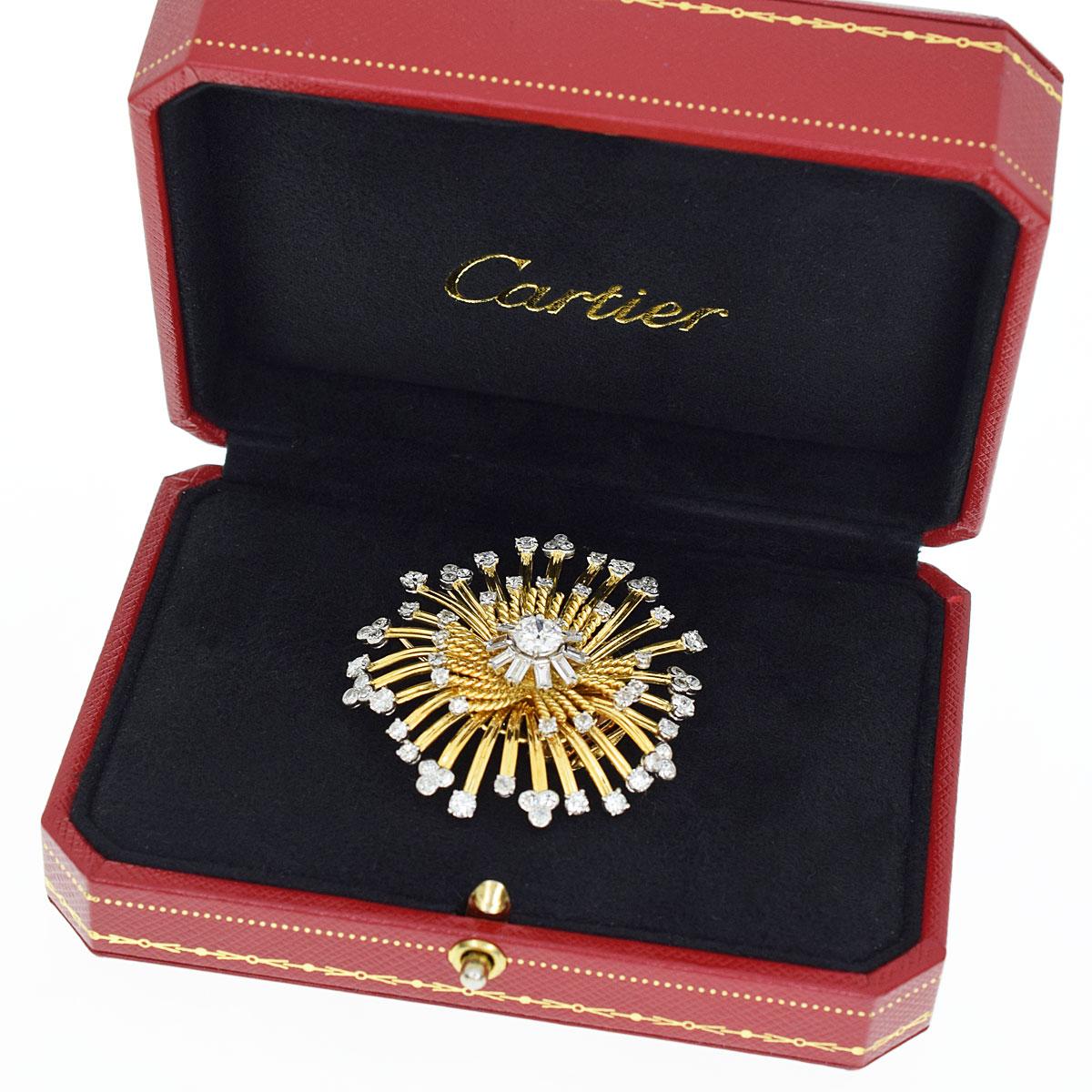 Cartier Diamond 18 Karat Yellow Gold Platinum Sunburst Clip Brooch 1