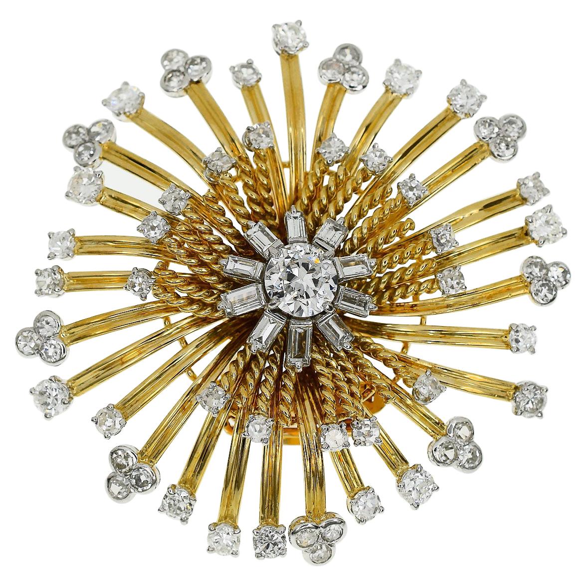 Cartier Diamond 18 Karat Yellow Gold Platinum Sunburst Clip Brooch