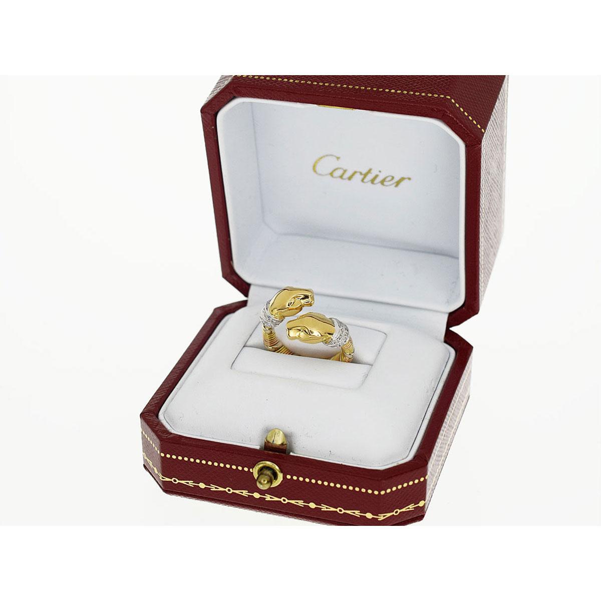 Round Cut Cartier Diamond 18 Karat Yellow White Pink Gold Cougar Panthere Ring US 4 For Sale