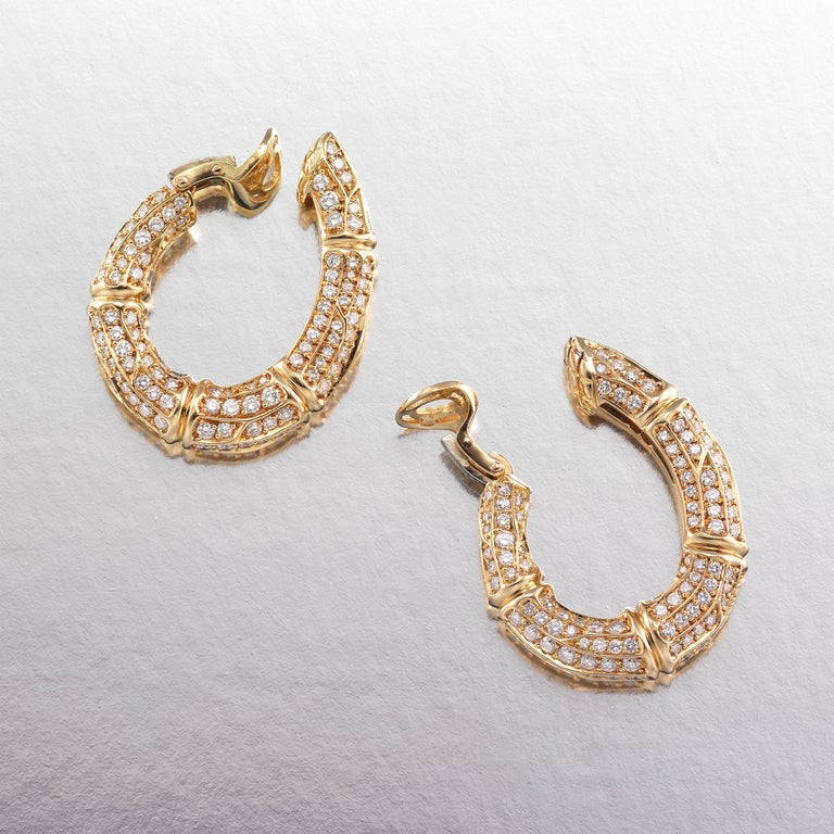 Round Cut Cartier Diamond 18k Gold Bamboo Vintage Hoop Earrings For Sale