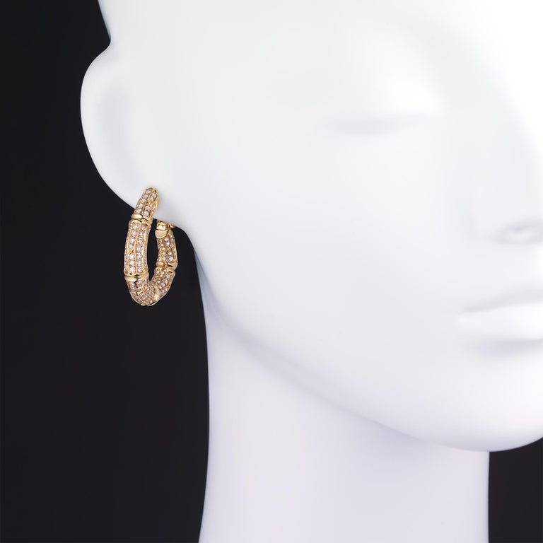Women's Cartier Diamond 18k Gold Bamboo Vintage Hoop Earrings For Sale
