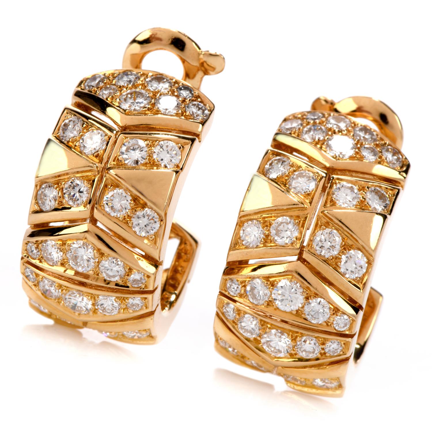 Carry your nostalgia for 90s Vintage designer pieces into your present day with these gorgeous Cartier Diamond 18K Gold Chevron Clip on Hoop Earrings!  These earrings have approx. 68 round cut diamonds, totaling approx. 3.00 Carats.  Each diamond