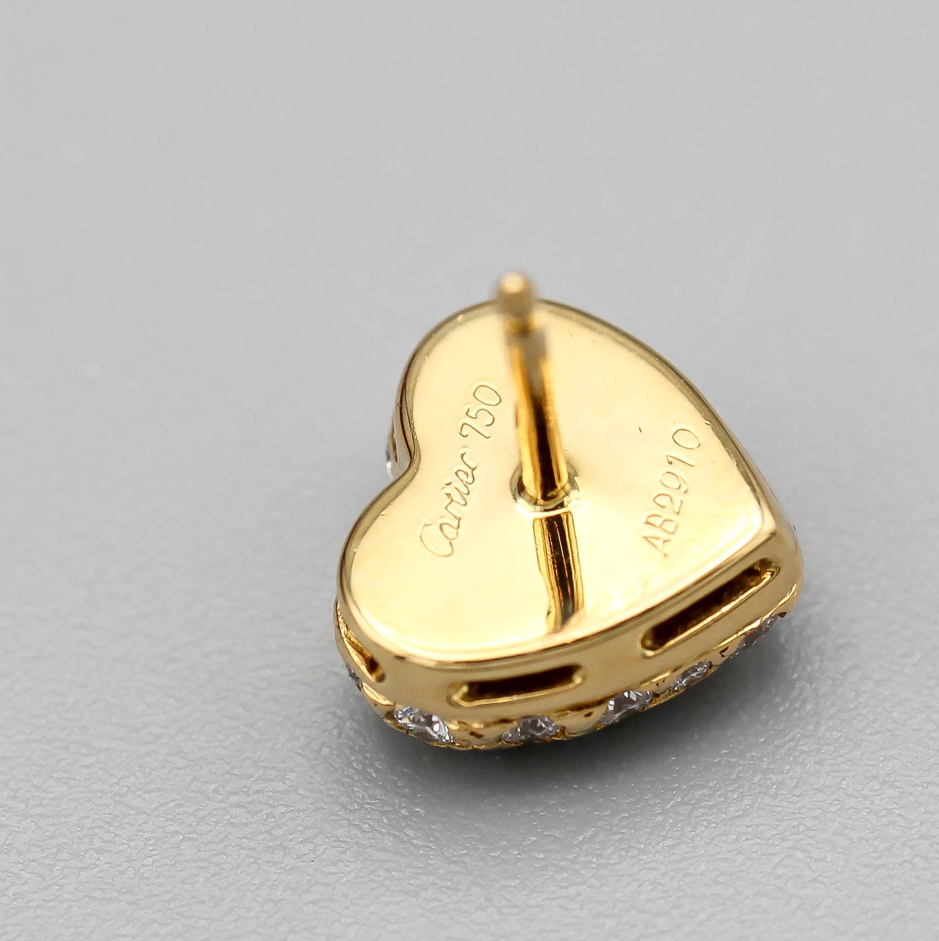 Round Cut Cartier Diamond 18 Karat Gold Heart Shaped Stud Earrings