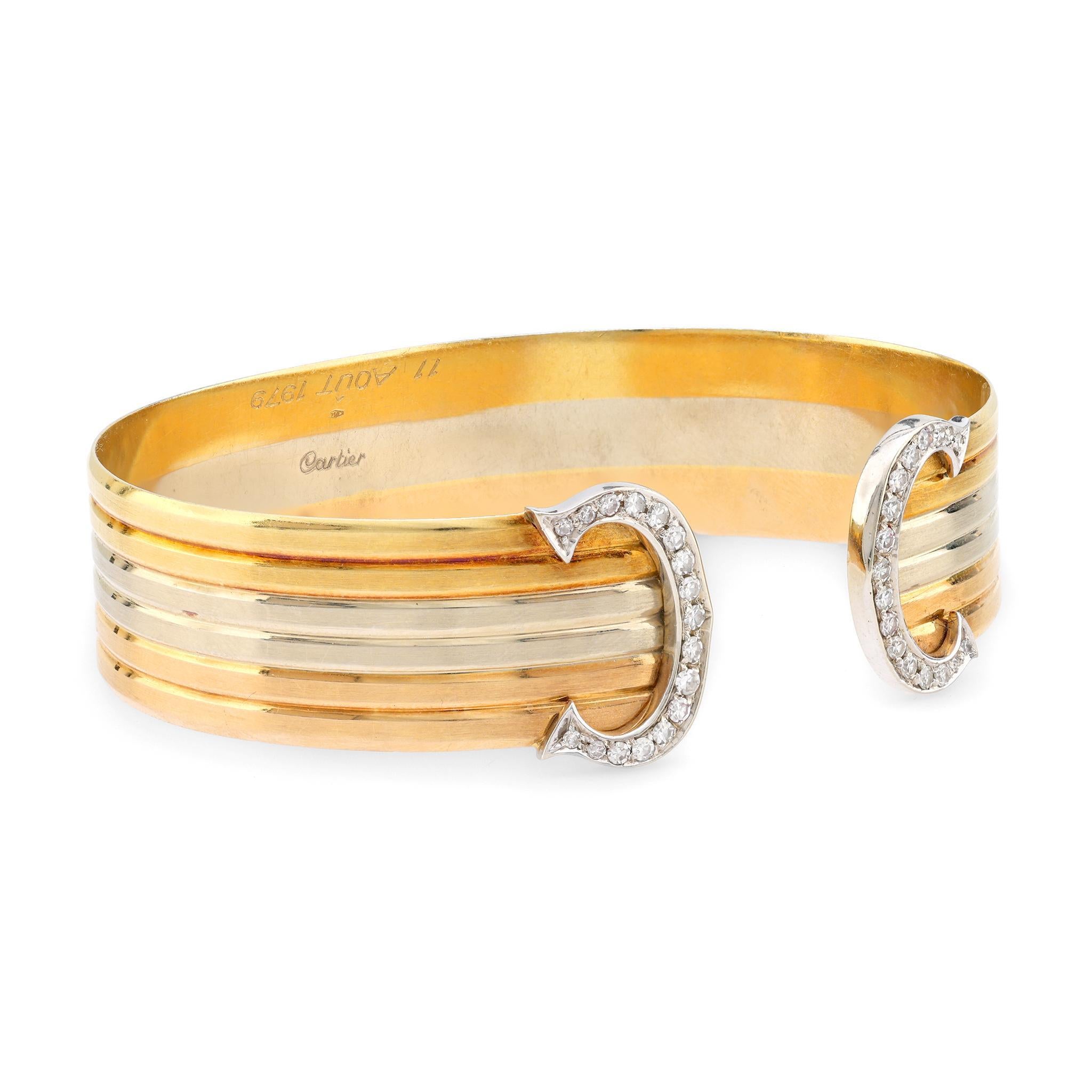 Modern Cartier diamond 18k gold Trinity Double C cuff bracelet