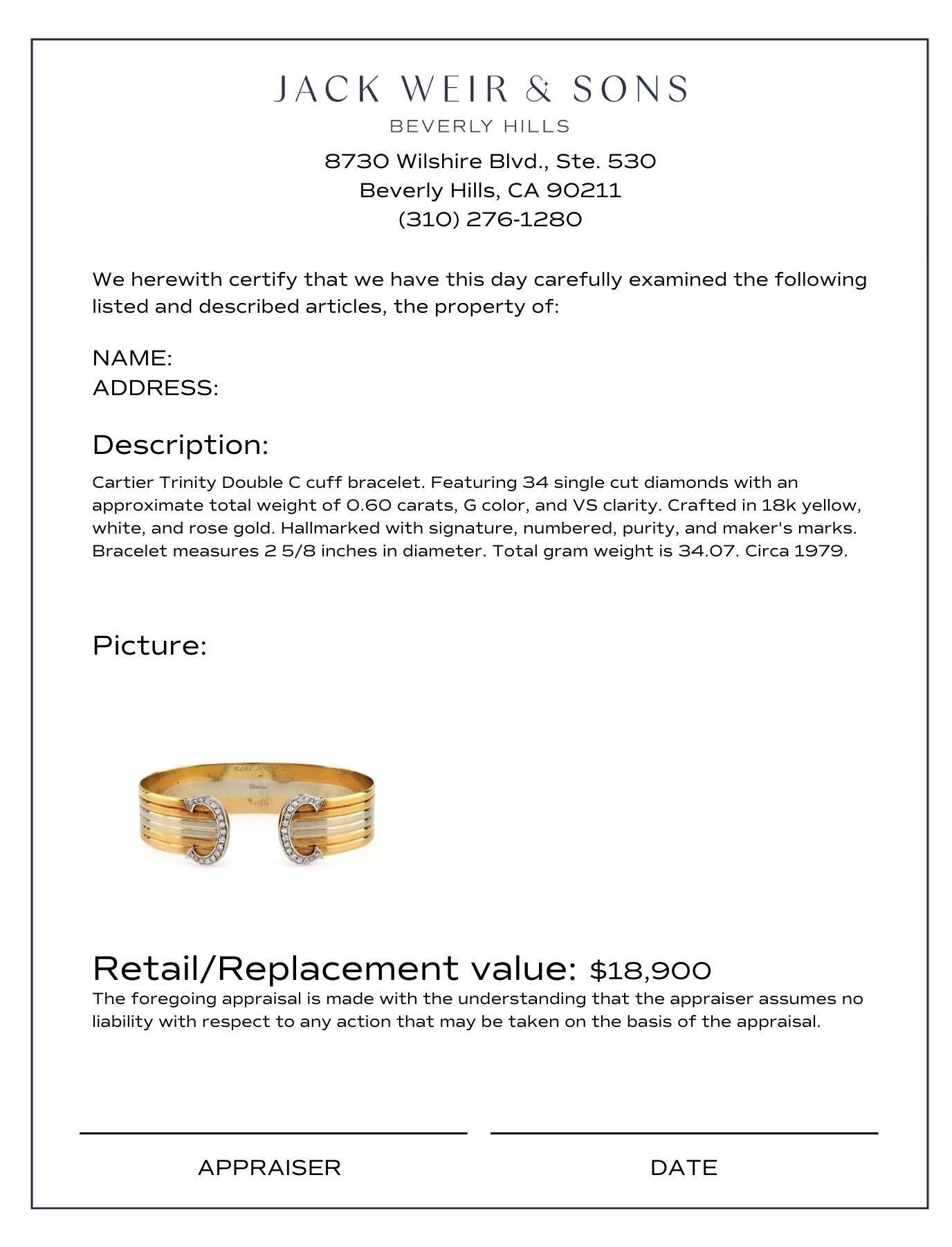 Cartier diamond 18k gold Trinity Double C cuff bracelet In Excellent Condition In Beverly Hills, CA