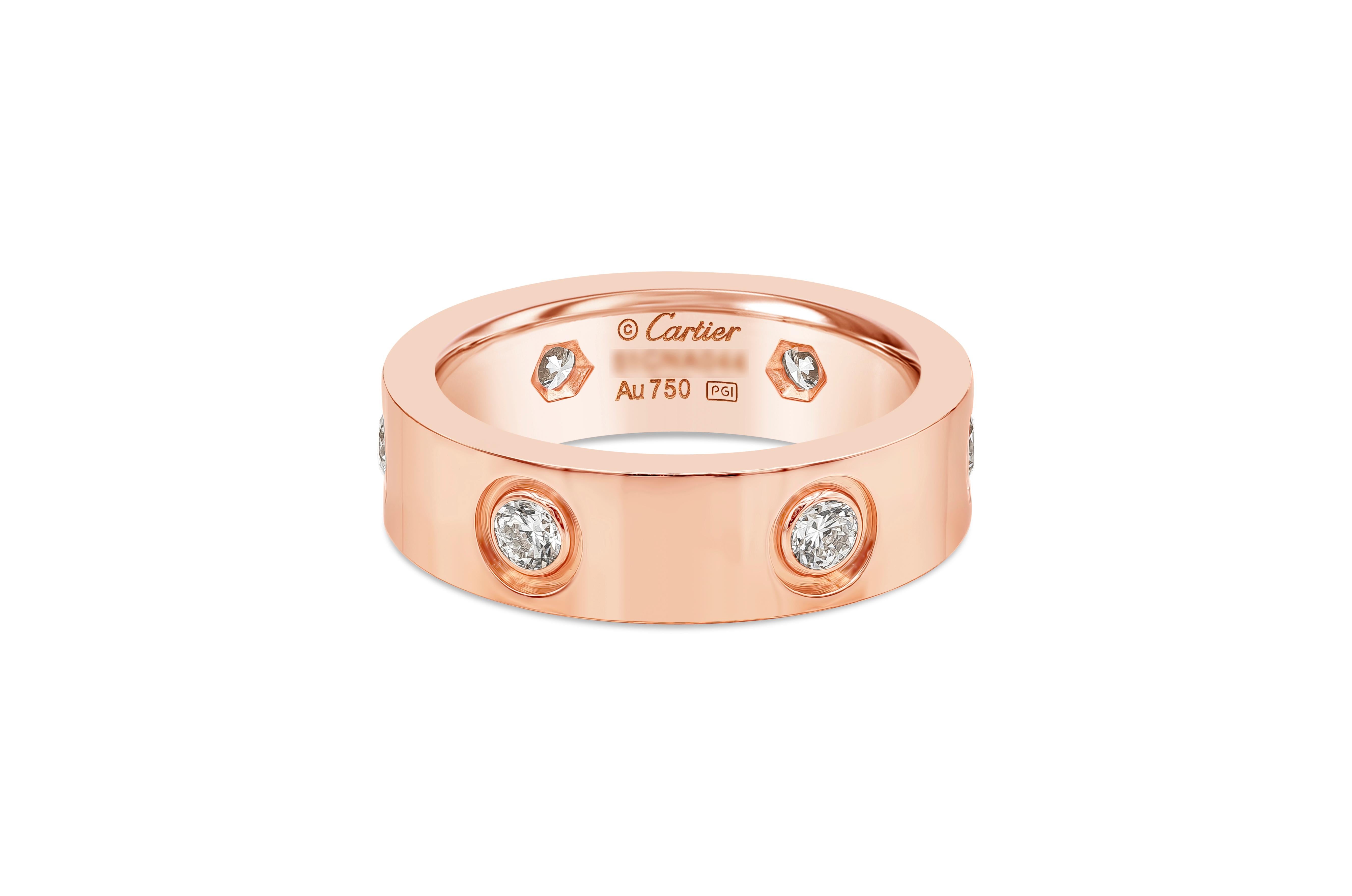 A classic Love ring made and signed by Cartier. Set with 6 diamonds in an 18 karat rose gold mounting. Discontinued version. Comes with original box. Size 51. In excellent condition. Lightly polished.