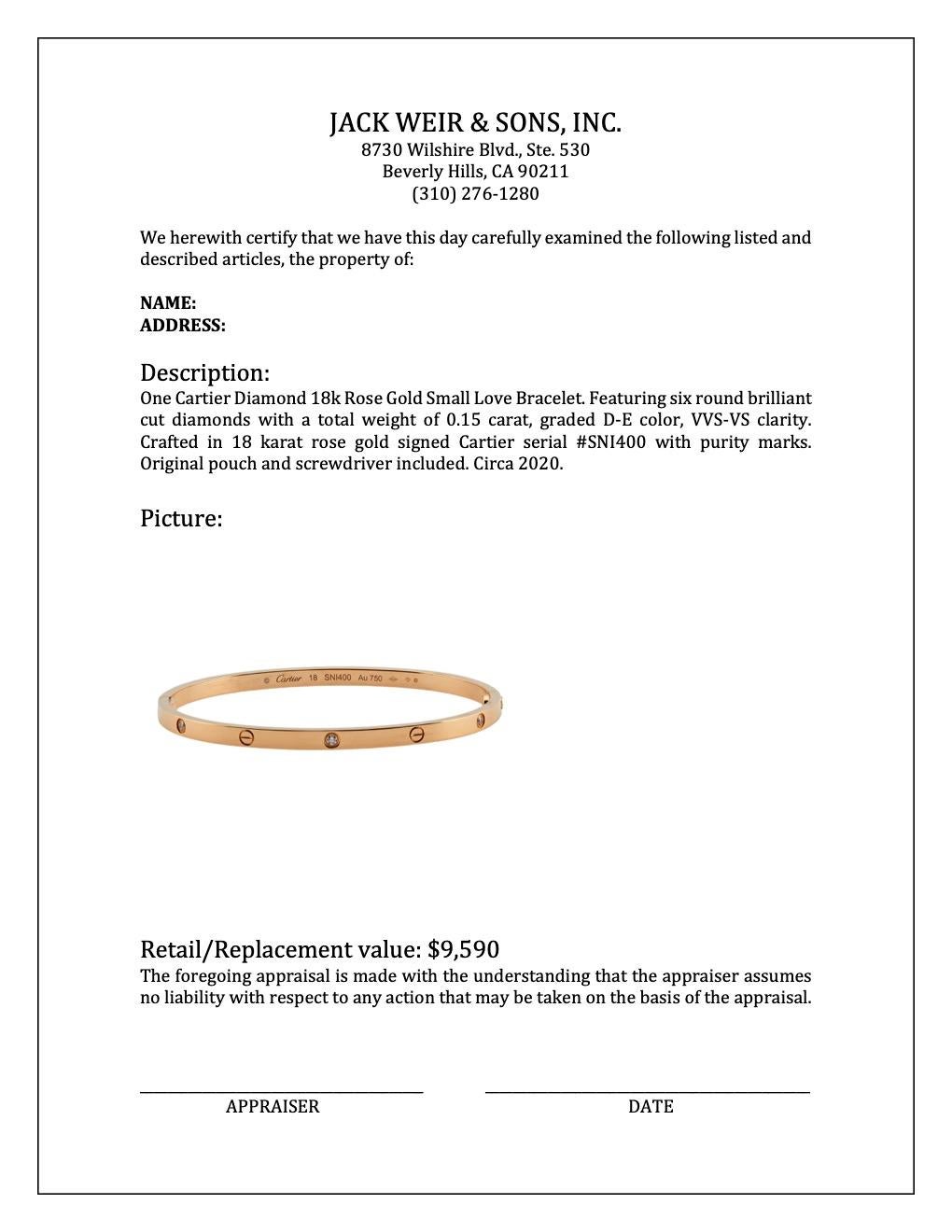 Brilliant Cut Cartier Diamond 18k Rose Gold Small Love Bracelet