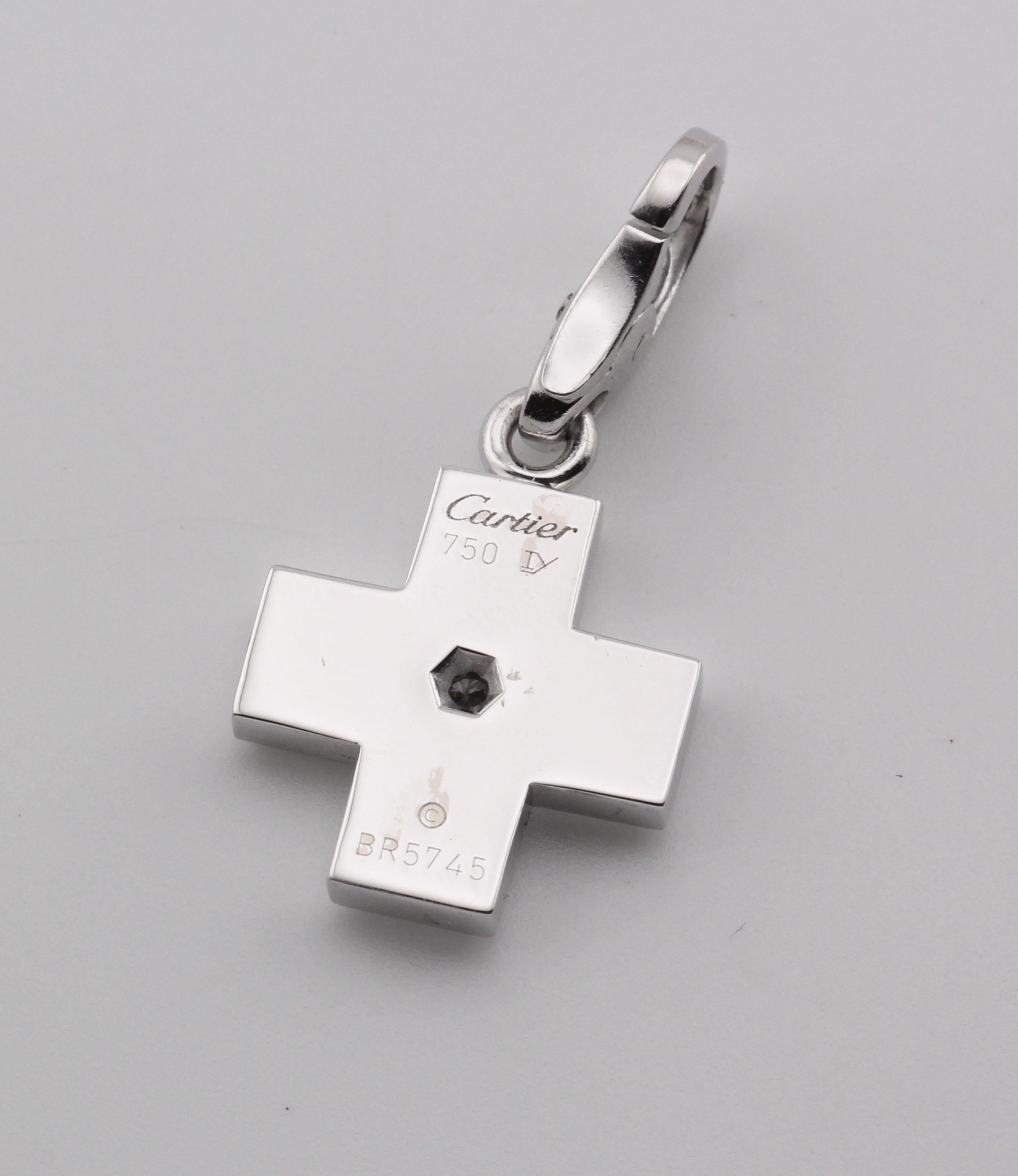 Round Cut Cartier Diamond 18k White Gold Cross Charm Pendant