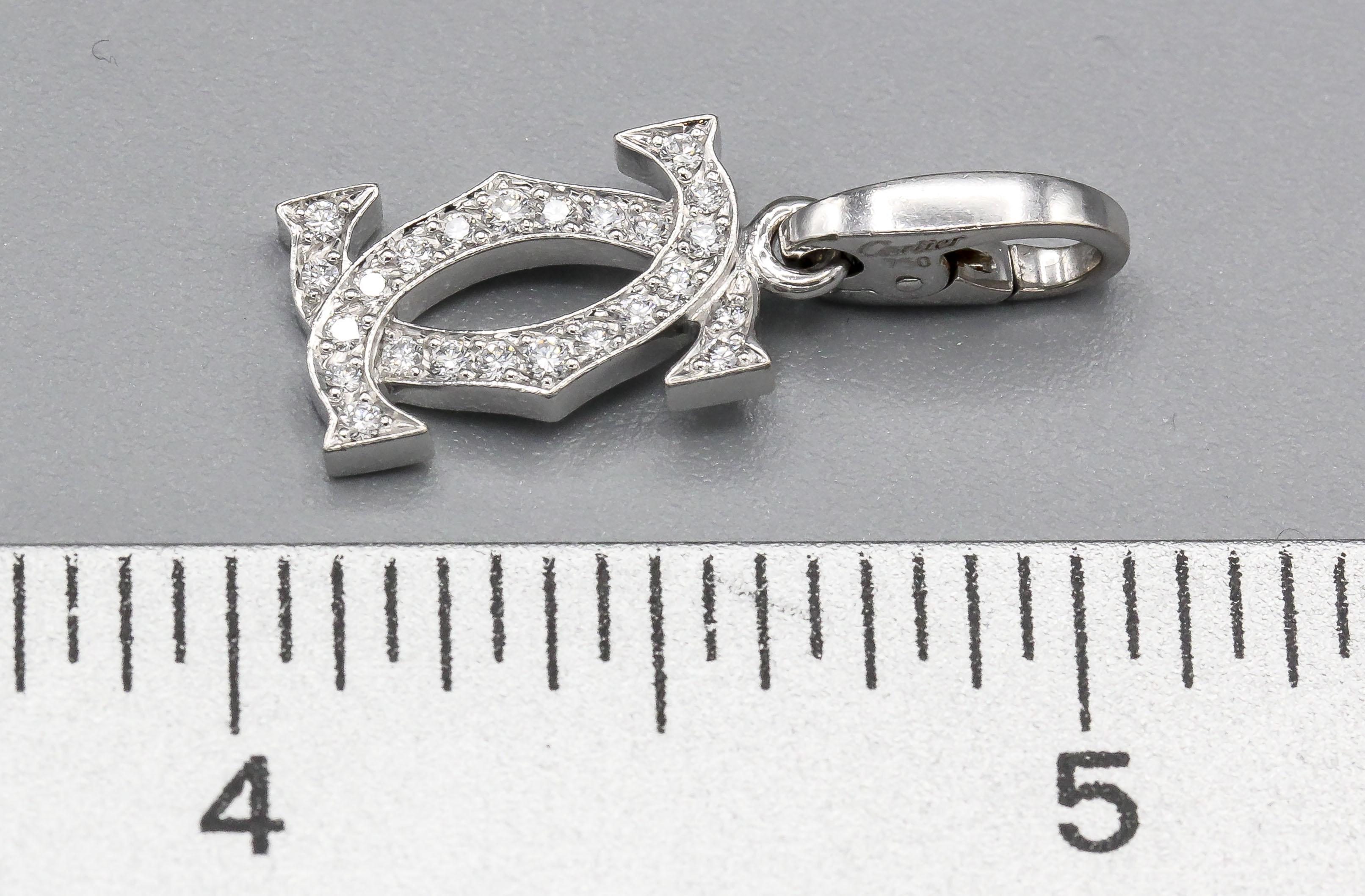 Brilliant Cut Cartier Diamond 18K White Gold Double C-Logo Charm Pendant For Sale
