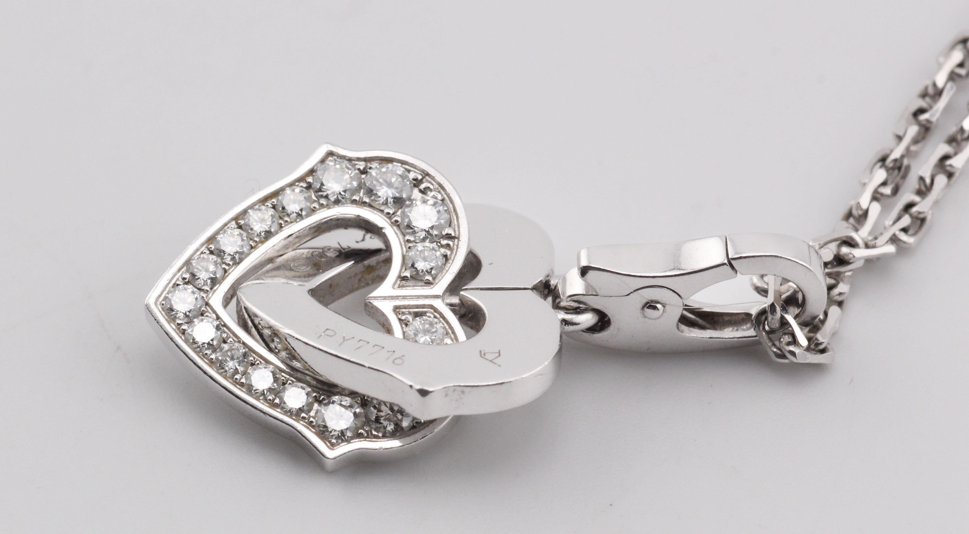 Cartier Diamond 18K White Gold Double Heart Logo Charm Necklace in vendita 2