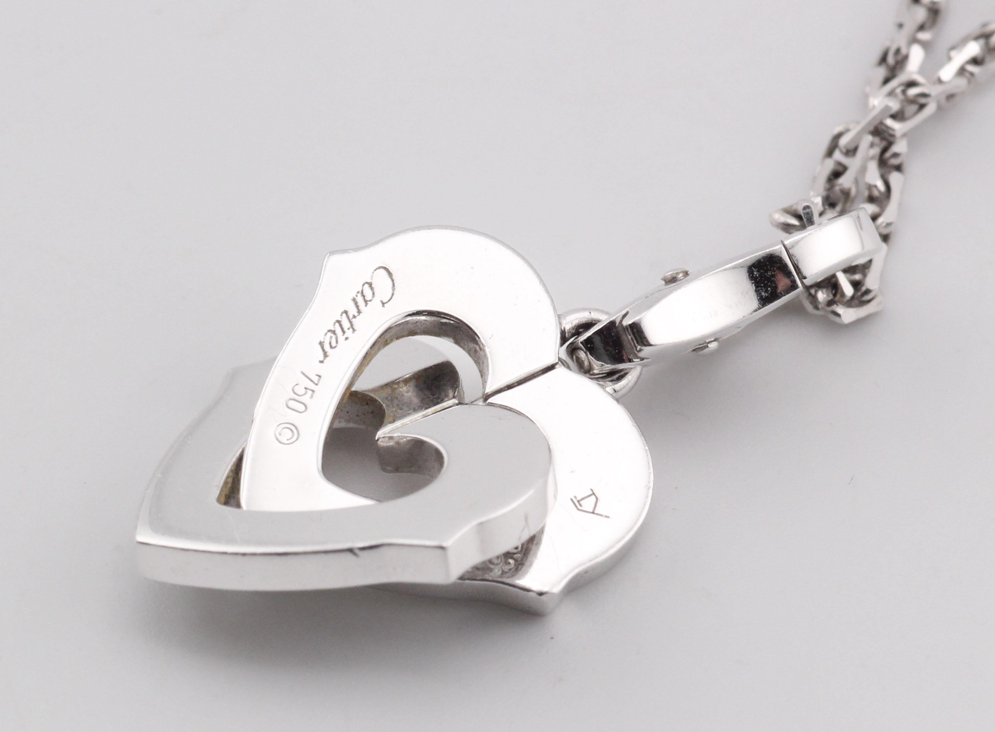 Cartier Diamond 18K White Gold Double Heart Logo Charm Necklace in vendita 3