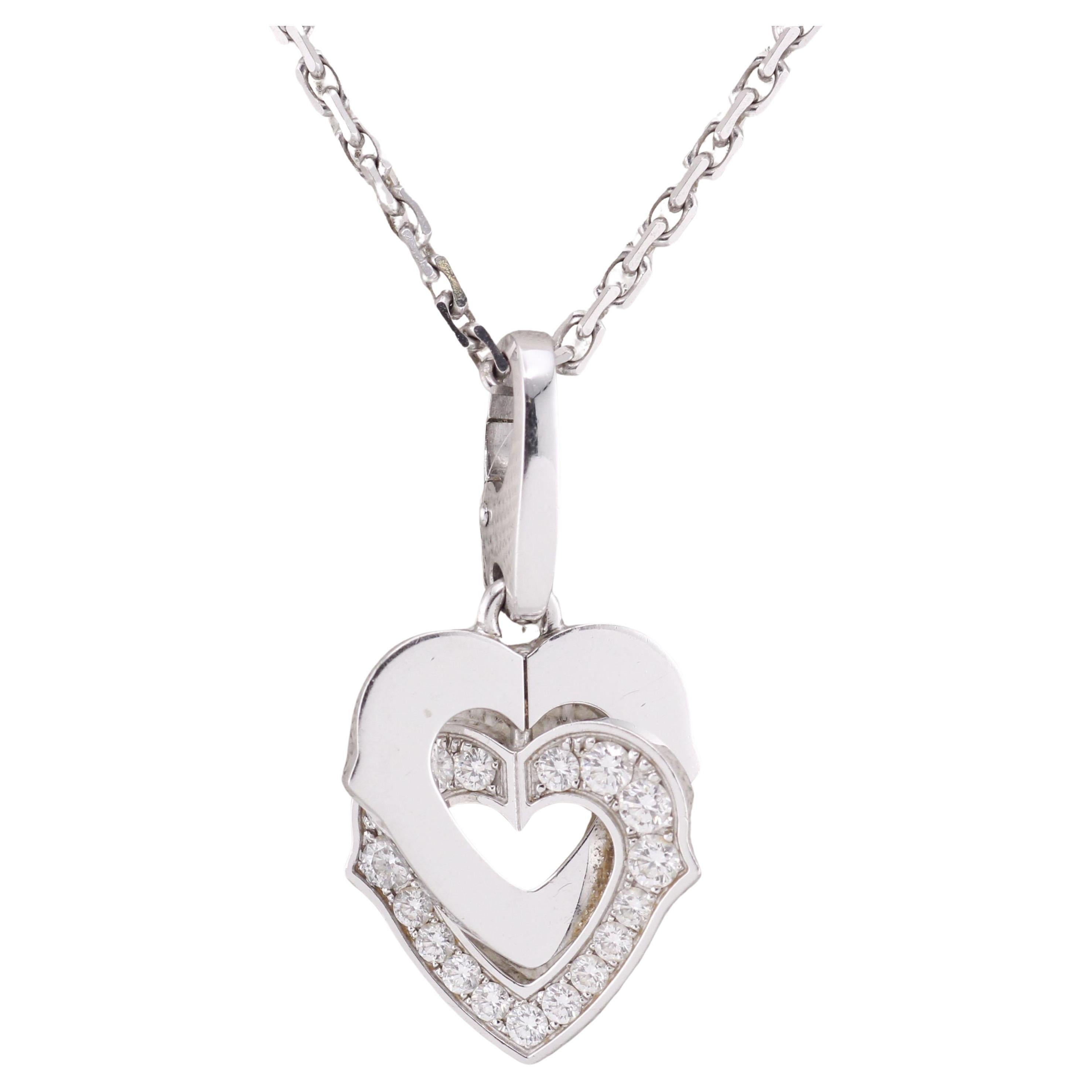 Cartier Diamond 18K White Gold Double Heart Logo Charm Necklace