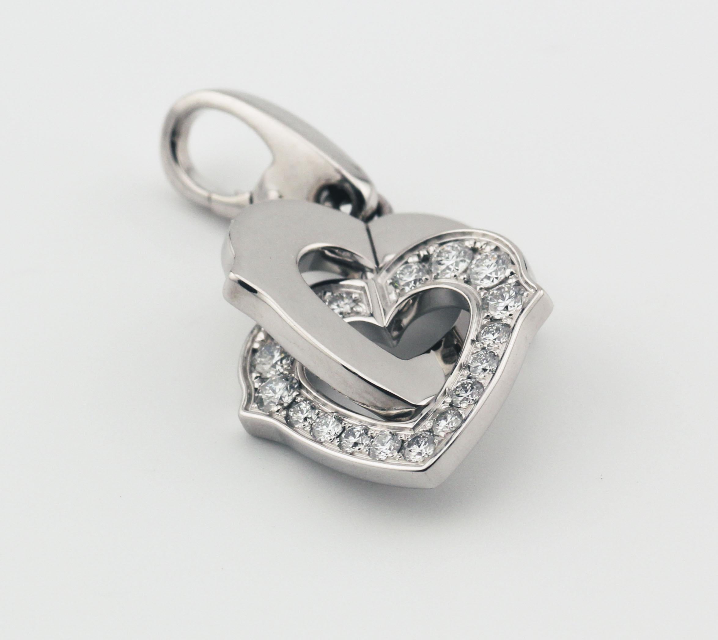 Round Cut Cartier Diamond 18K White Gold Double Heart Logo Charm Pendant For Sale