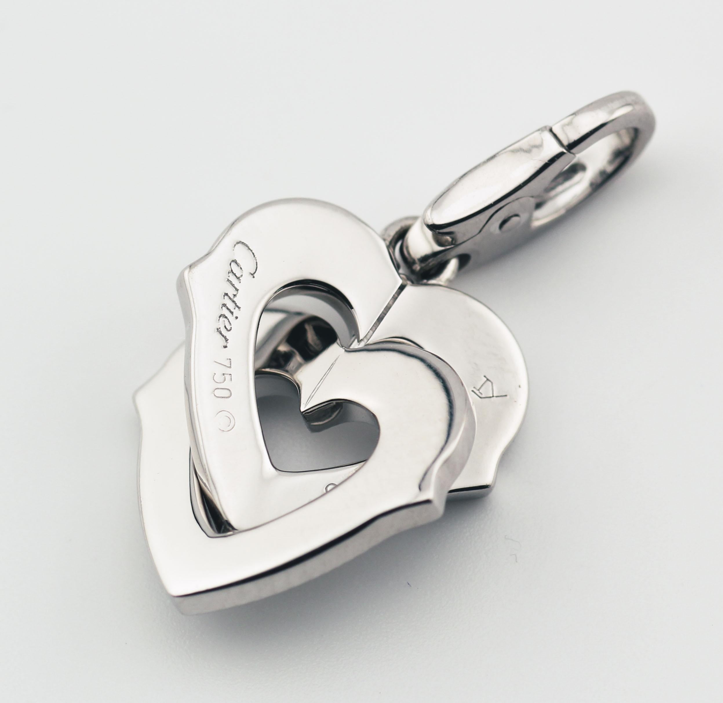 Cartier Diamond 18K White Gold Double Heart Logo Charm Pendant For Sale 2