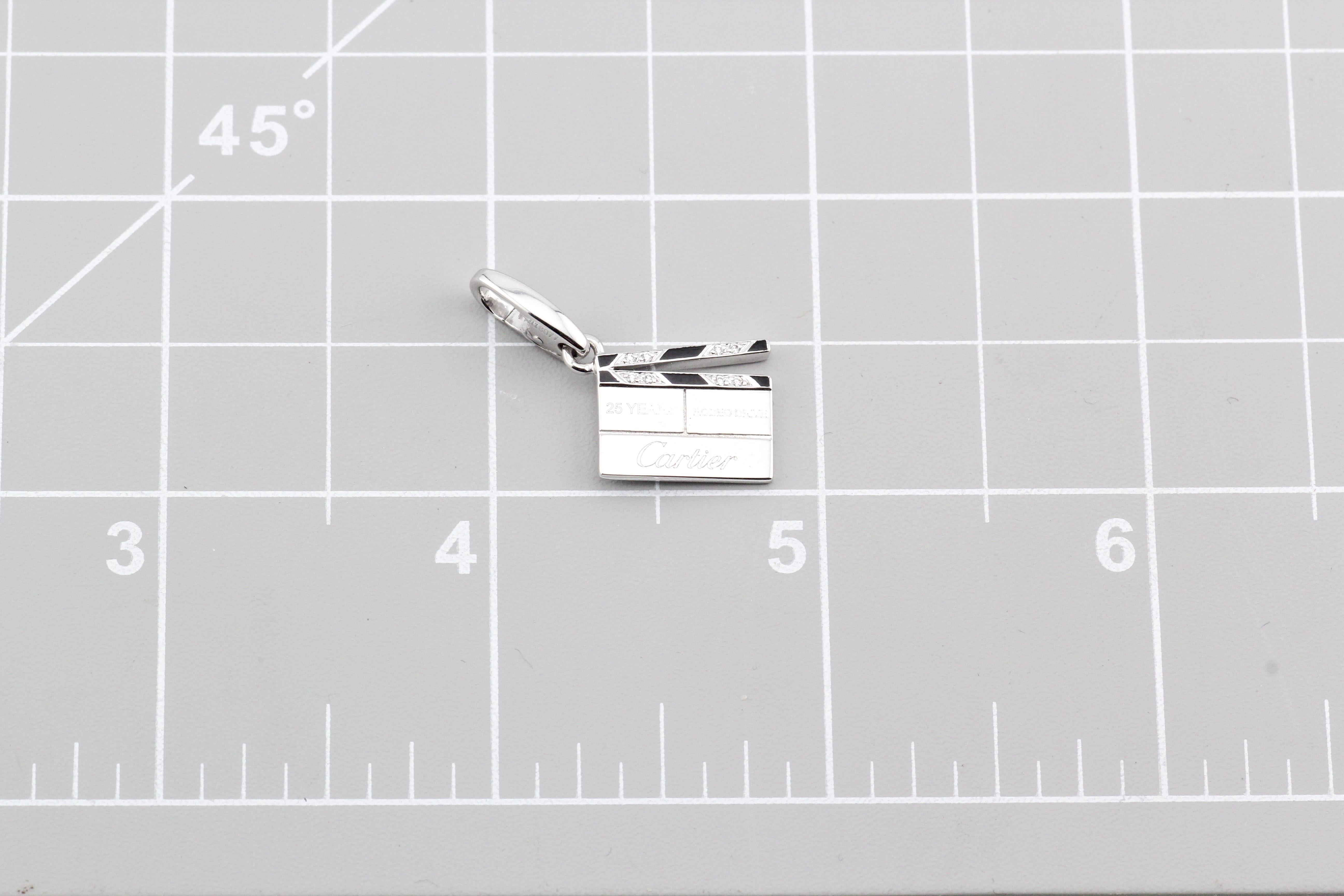 Cartier Diamond 18K White Gold Enamel Limited Edition Clapperboard Charm Pendant In Good Condition For Sale In Bellmore, NY